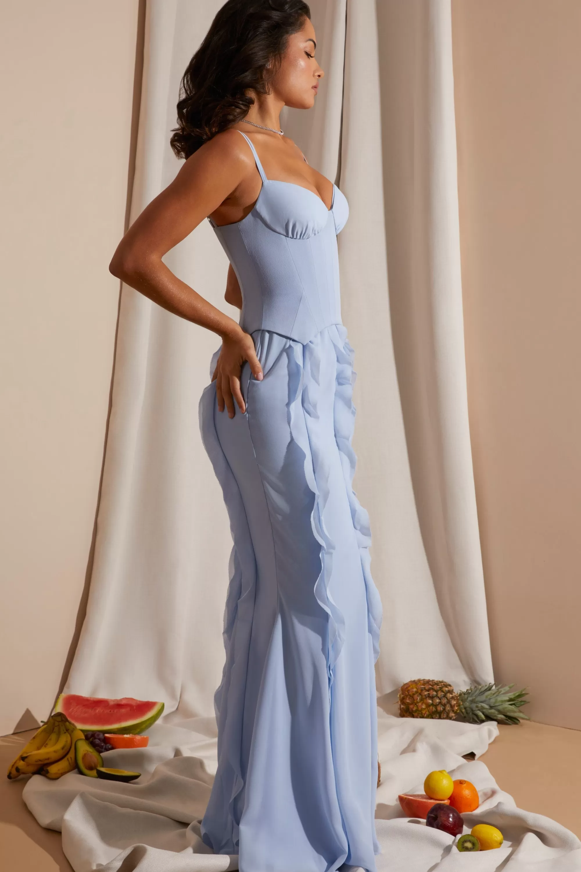 Oh Polly Corset Frill Skirt Maxi Dress in Blue Clearance