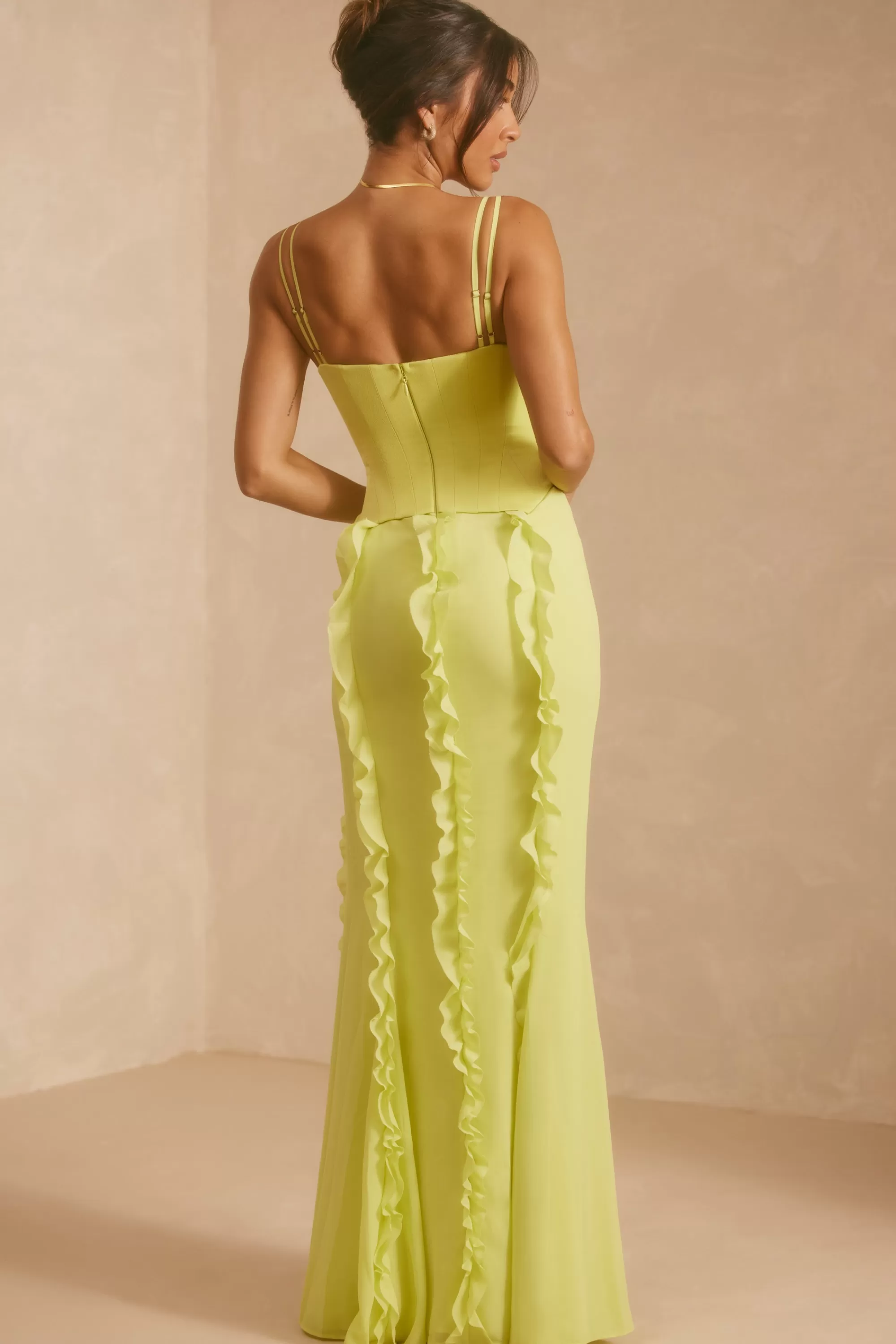 Oh Polly Corset Frill Skirt Maxi Dress in Lime Green LimeGreen Hot