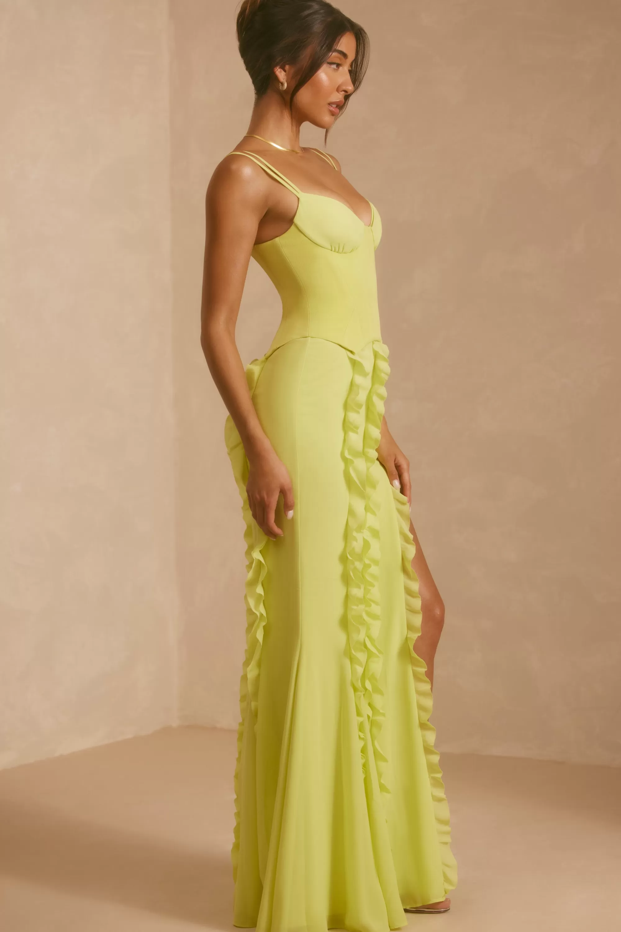 Oh Polly Corset Frill Skirt Maxi Dress in Lime Green LimeGreen Hot
