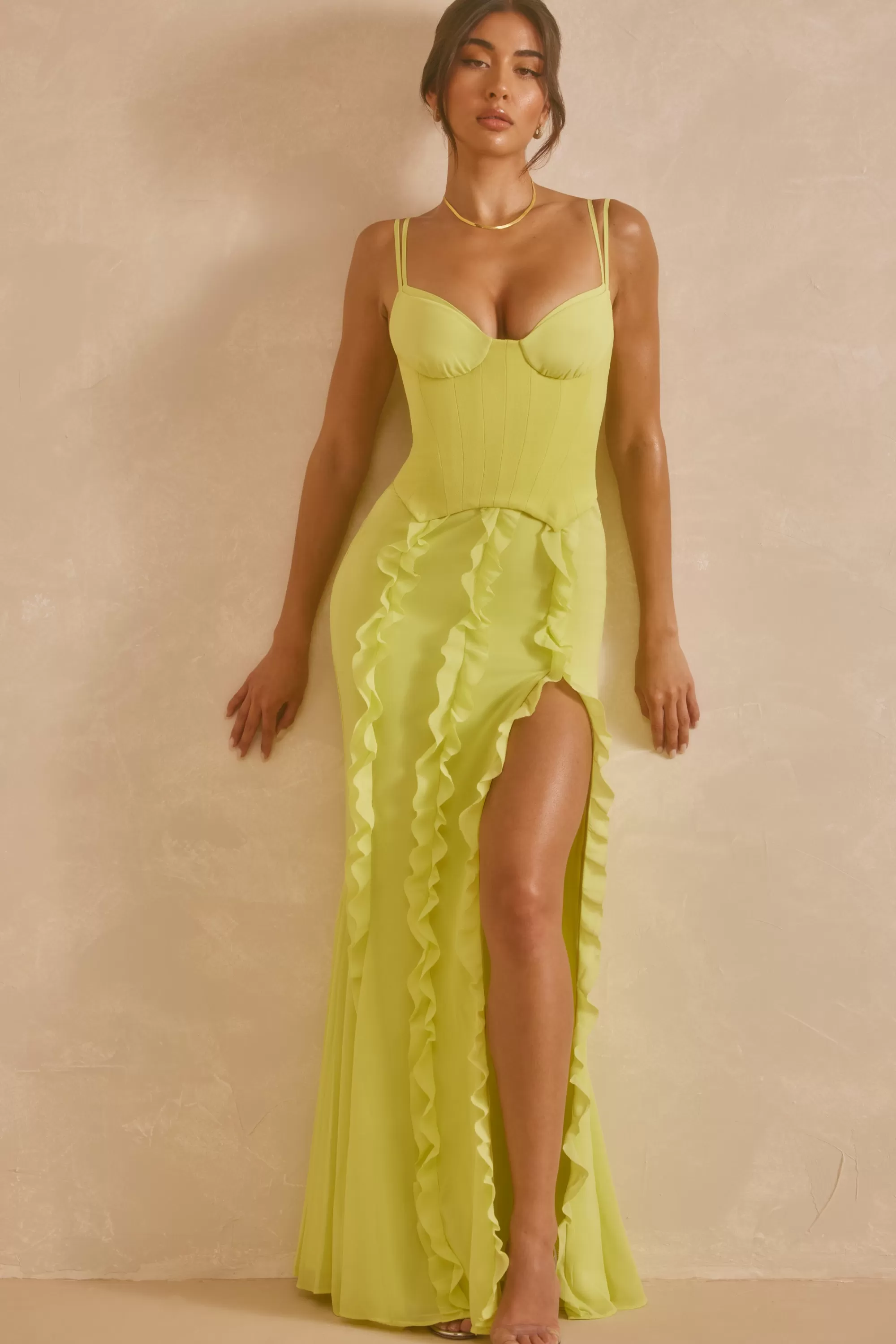 Oh Polly Corset Frill Skirt Maxi Dress in Lime Green LimeGreen Hot