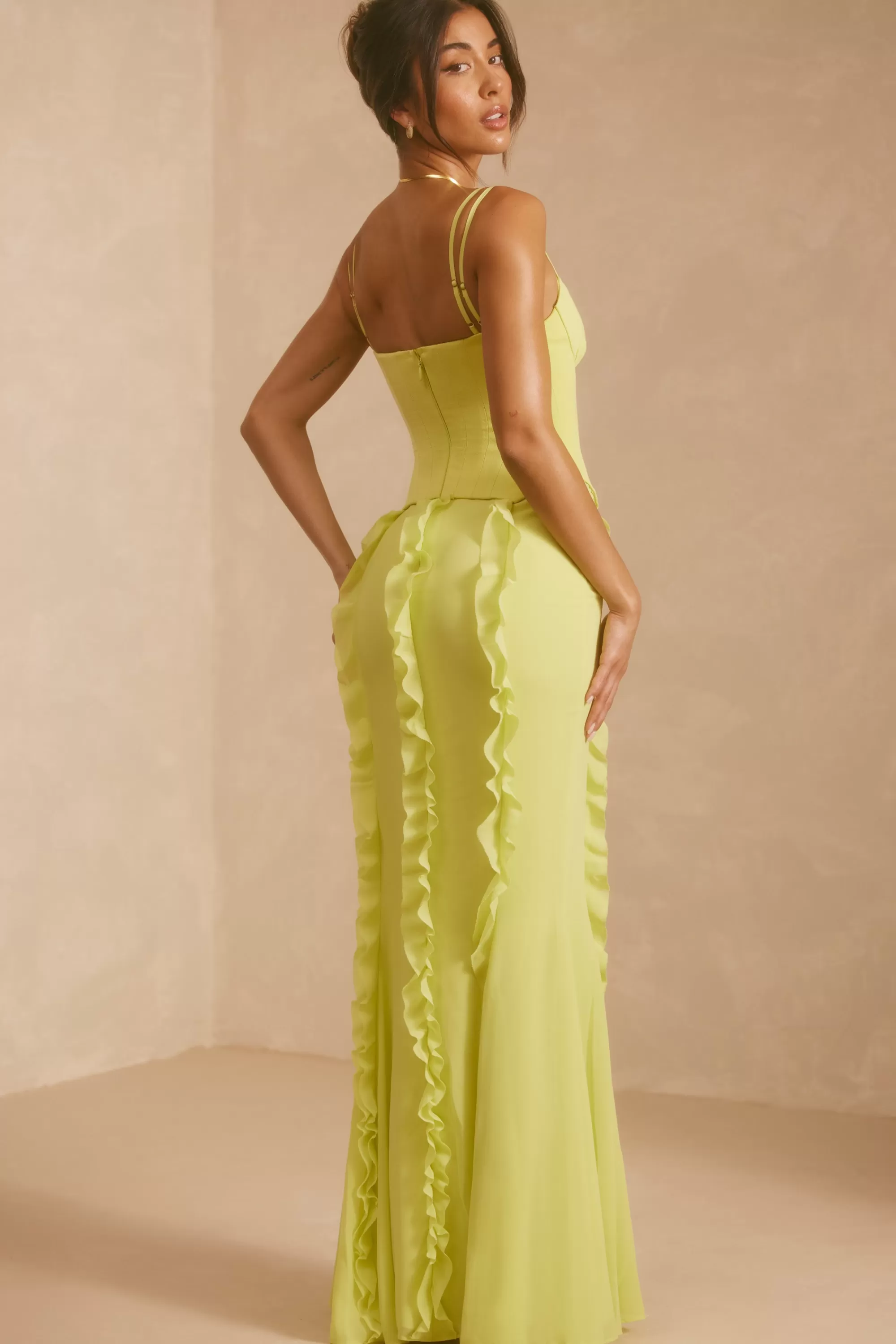 Oh Polly Corset Frill Skirt Maxi Dress in Lime Green LimeGreen Hot