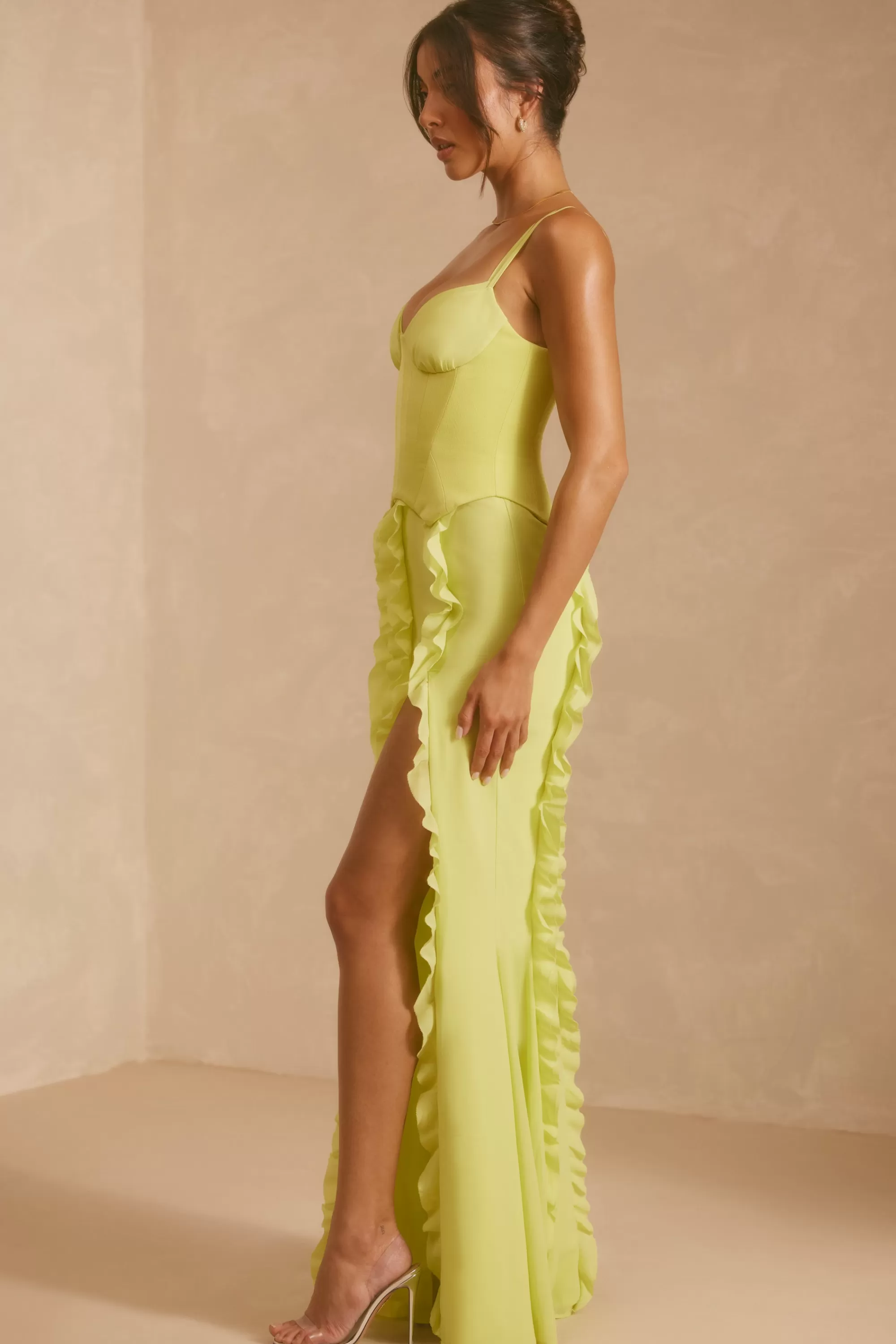 Oh Polly Corset Frill Skirt Maxi Dress in Lime Green LimeGreen Hot