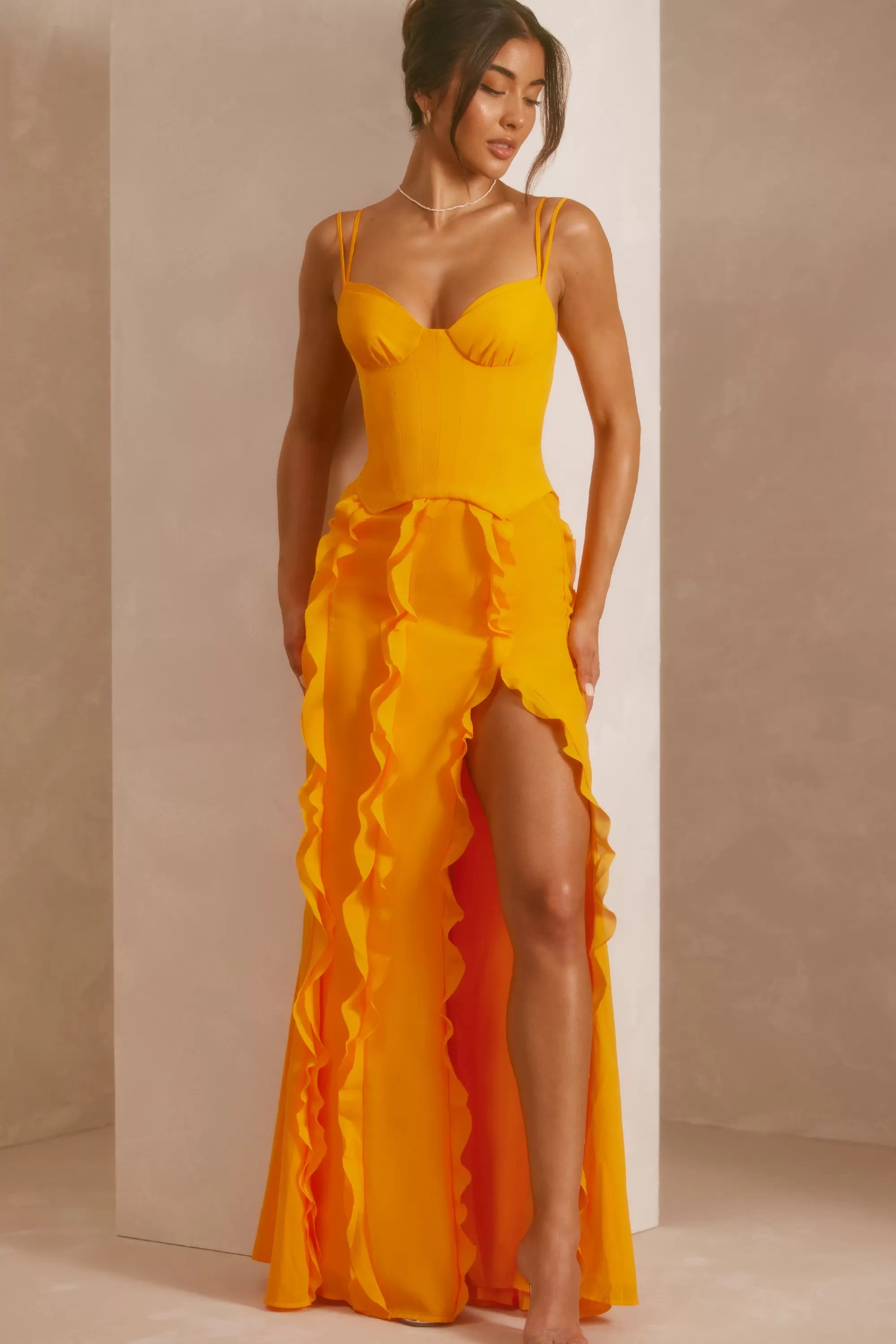 Oh Polly Corset Frill Skirt Maxi Dress in Tangerine Hot