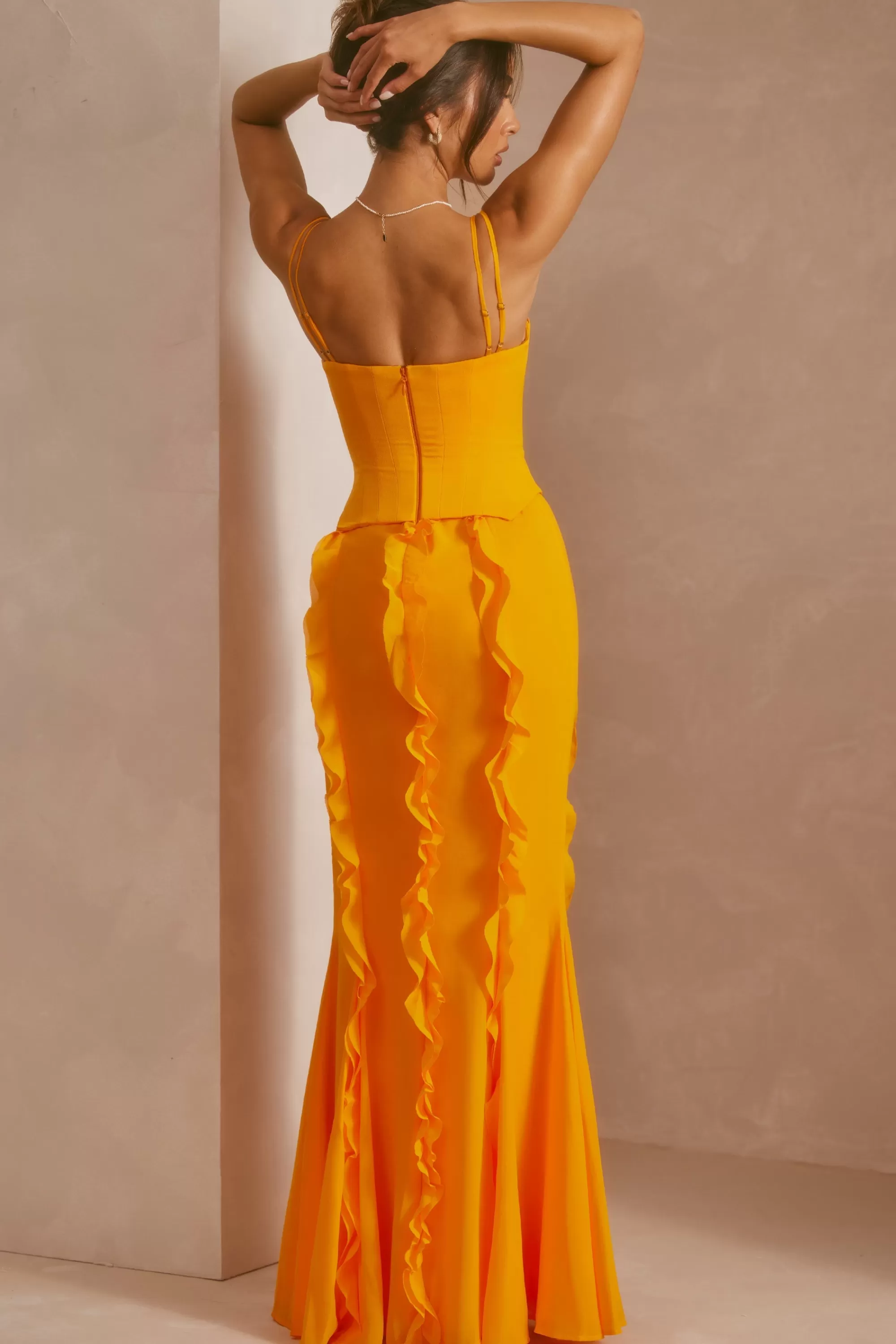 Oh Polly Corset Frill Skirt Maxi Dress in Tangerine Hot