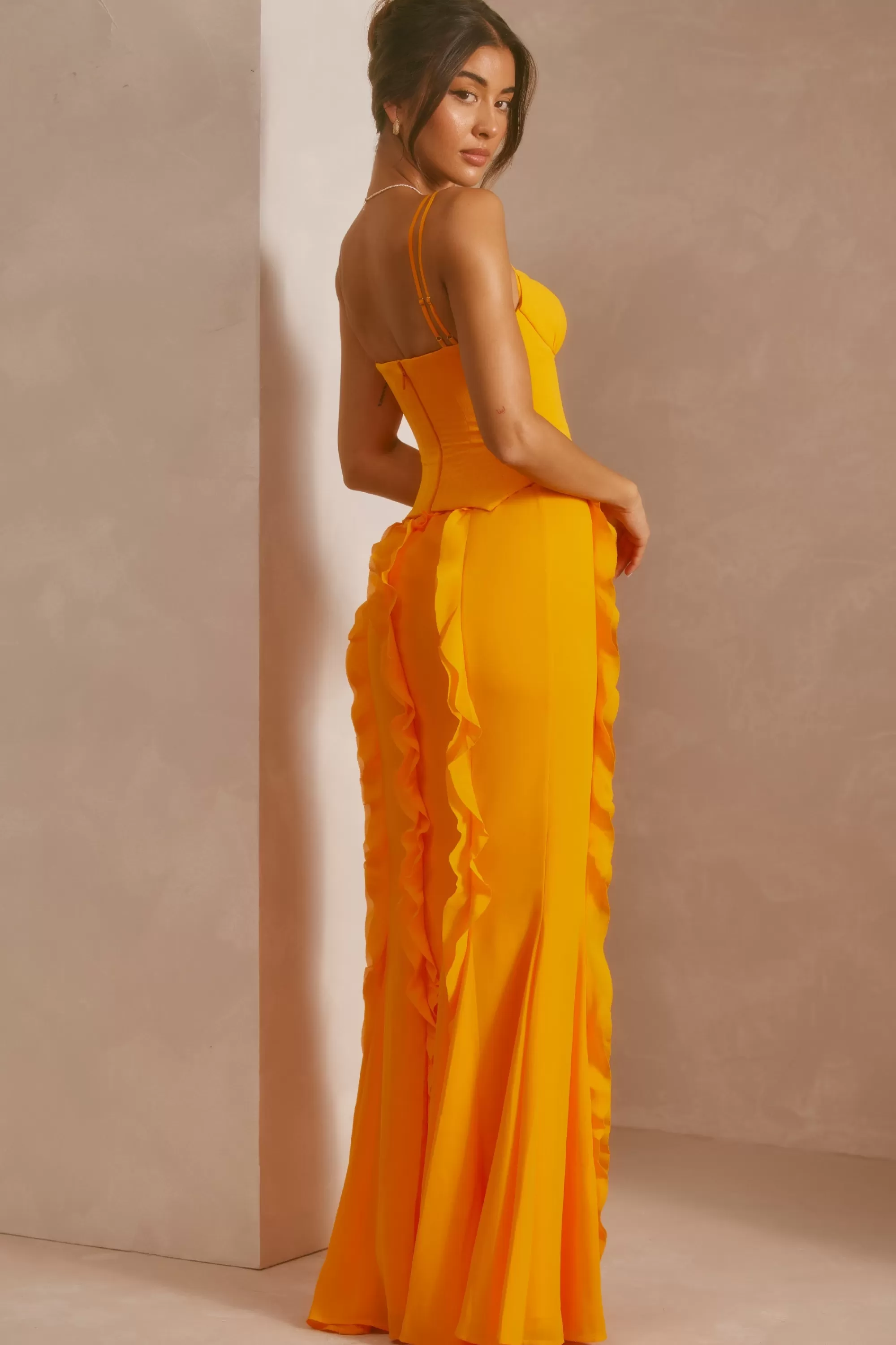 Oh Polly Corset Frill Skirt Maxi Dress in Tangerine Hot