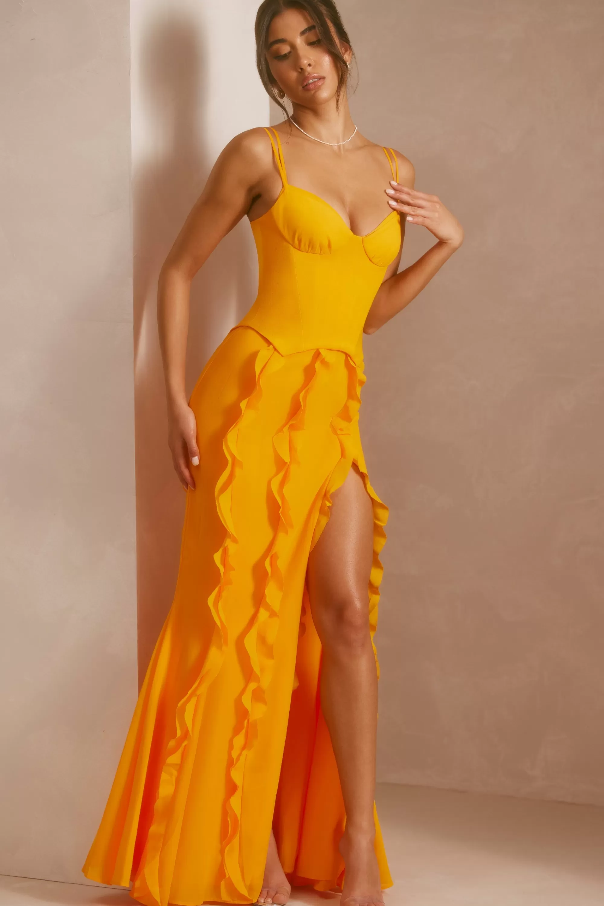 Oh Polly Corset Frill Skirt Maxi Dress in Tangerine Hot