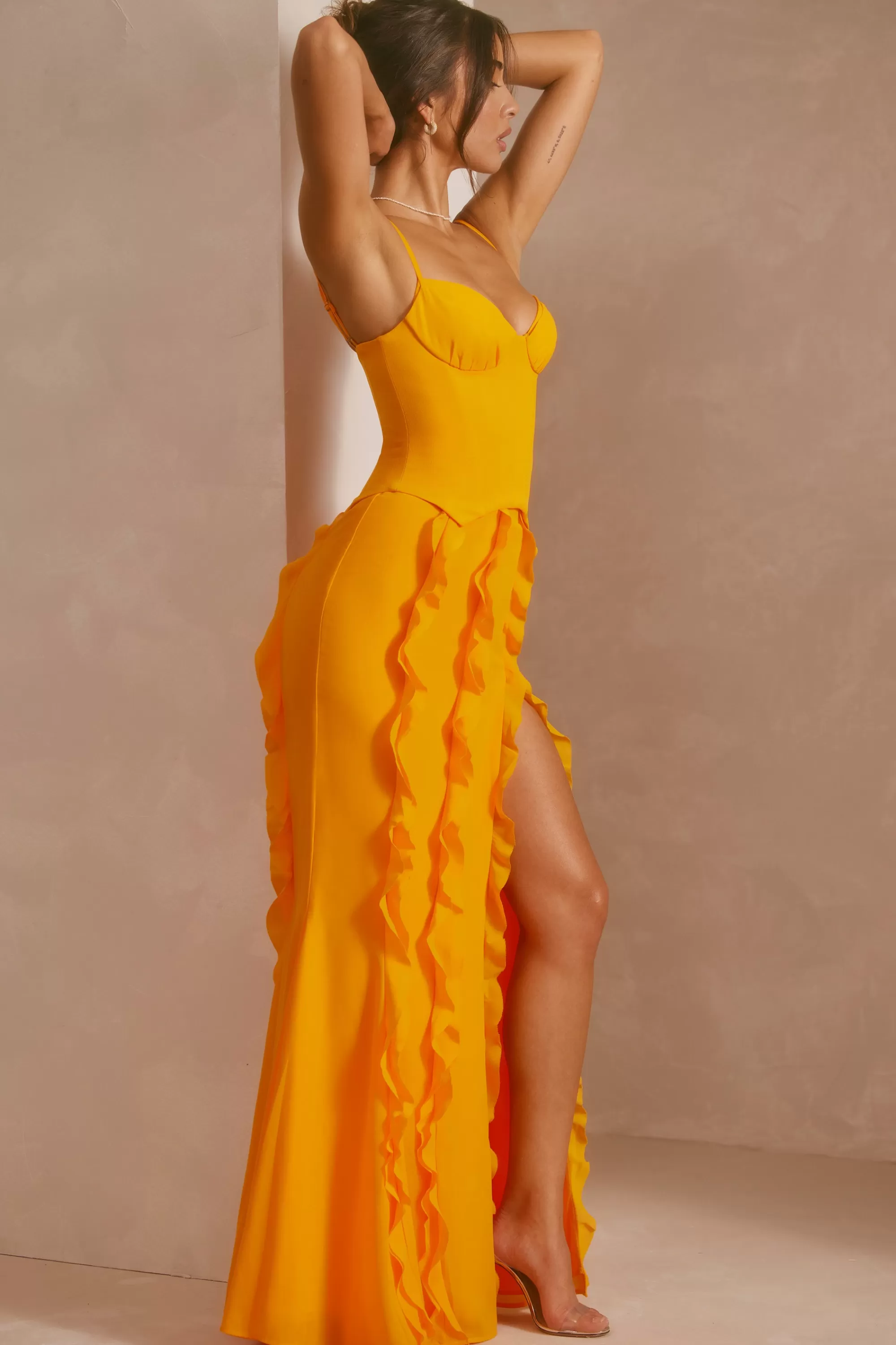 Oh Polly Corset Frill Skirt Maxi Dress in Tangerine Hot