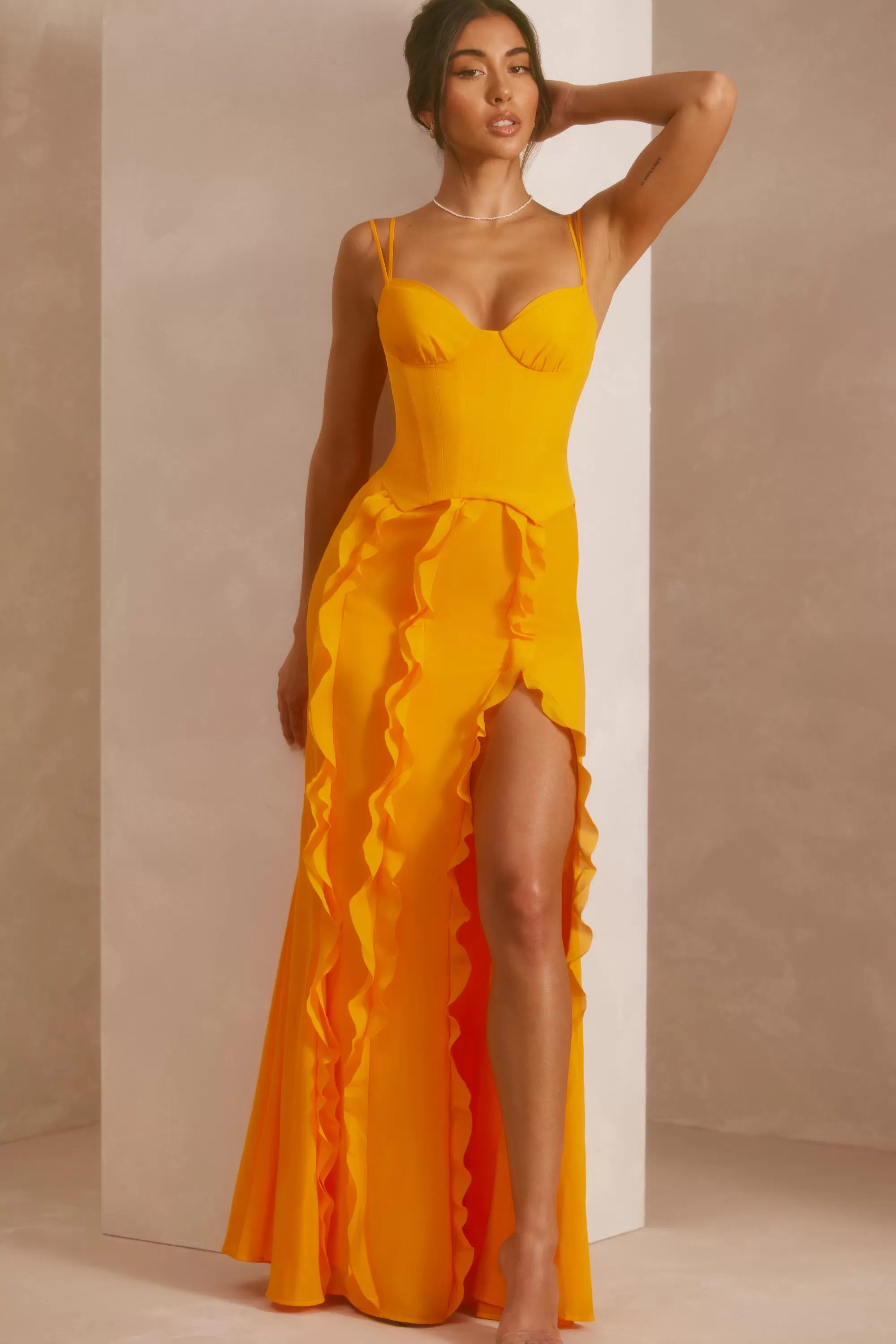 Oh Polly Corset Frill Skirt Maxi Dress in Tangerine Hot