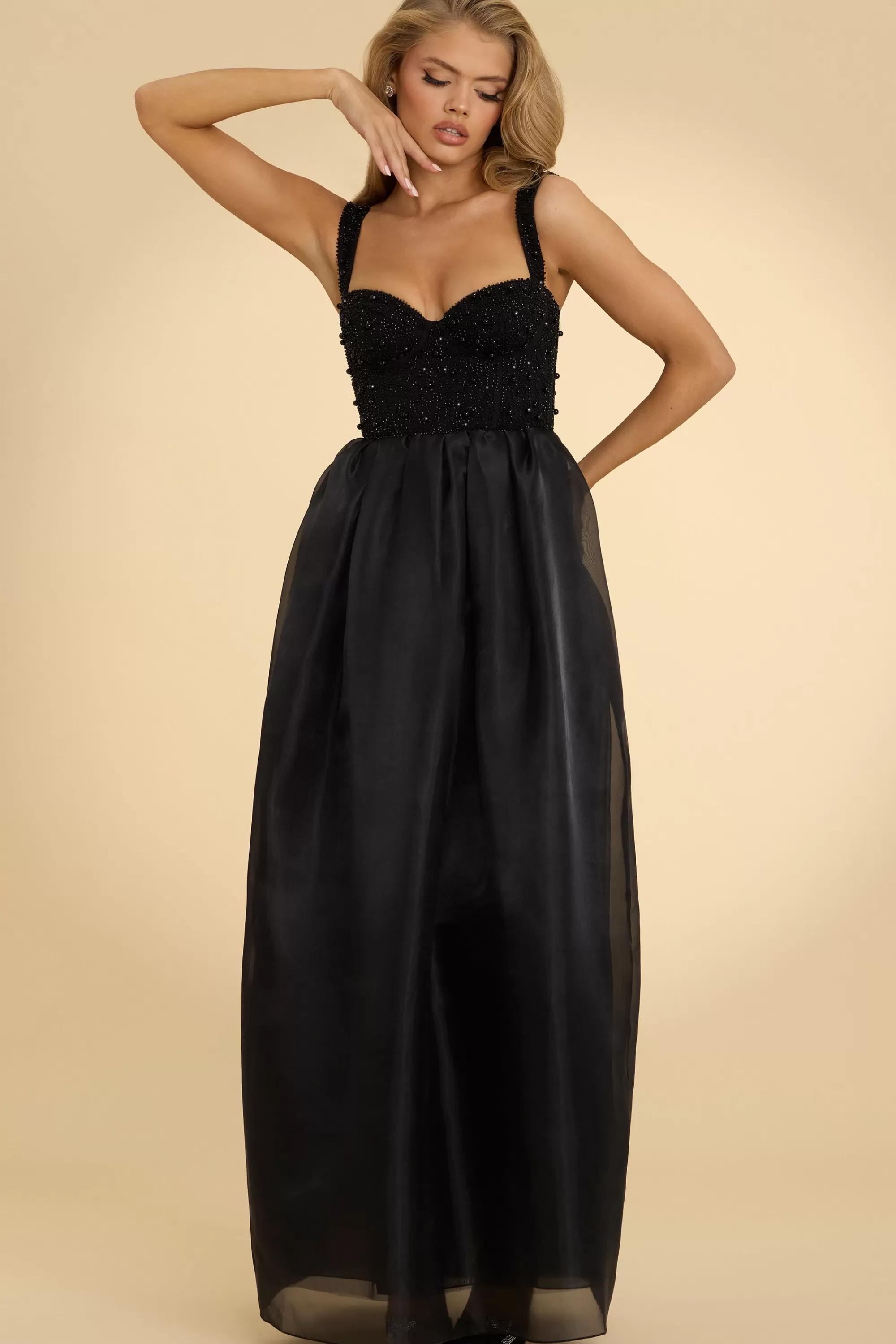 Oh Polly Corset Organza Maxi Dress in Black Store
