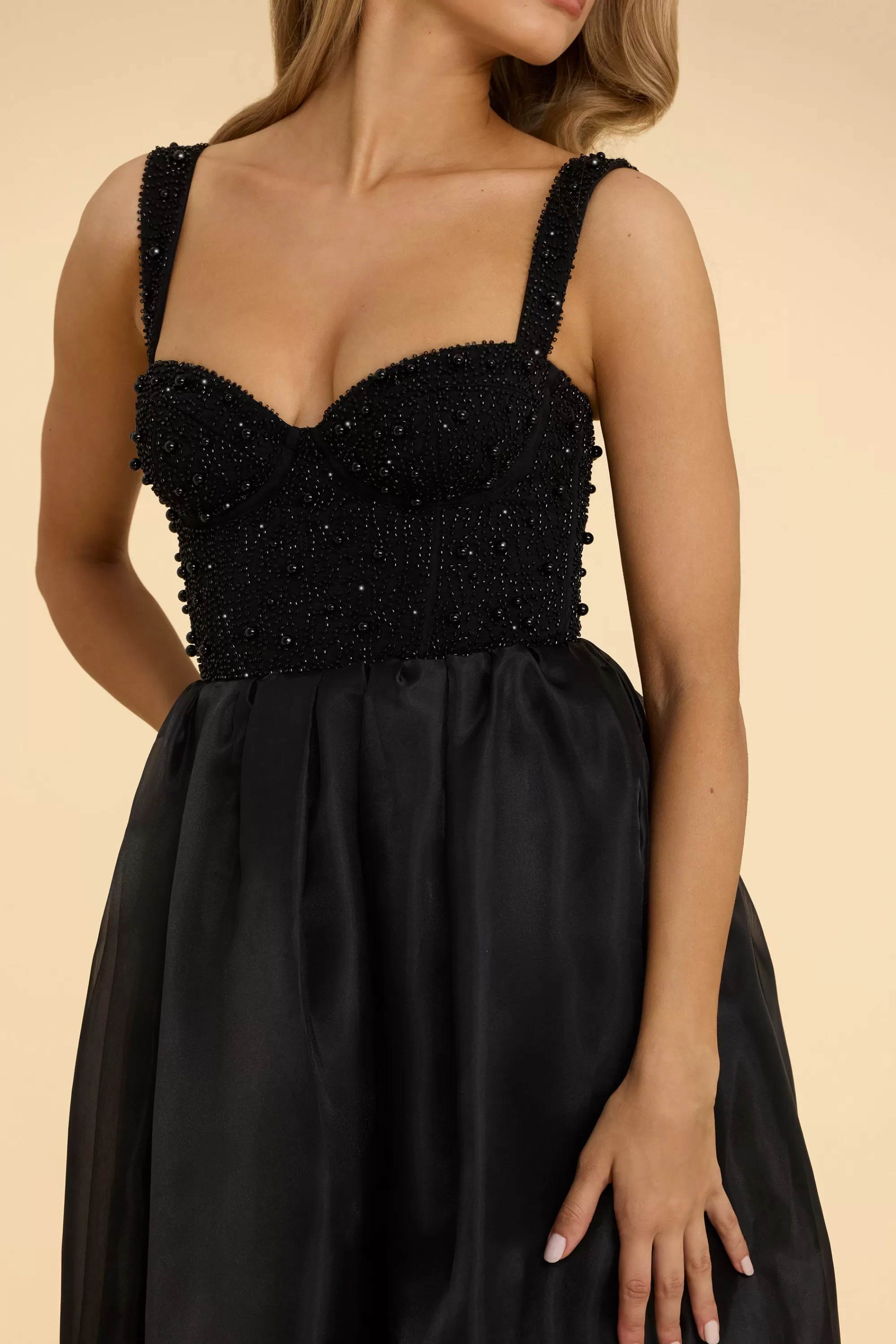 Oh Polly Corset Organza Maxi Dress in Black Store