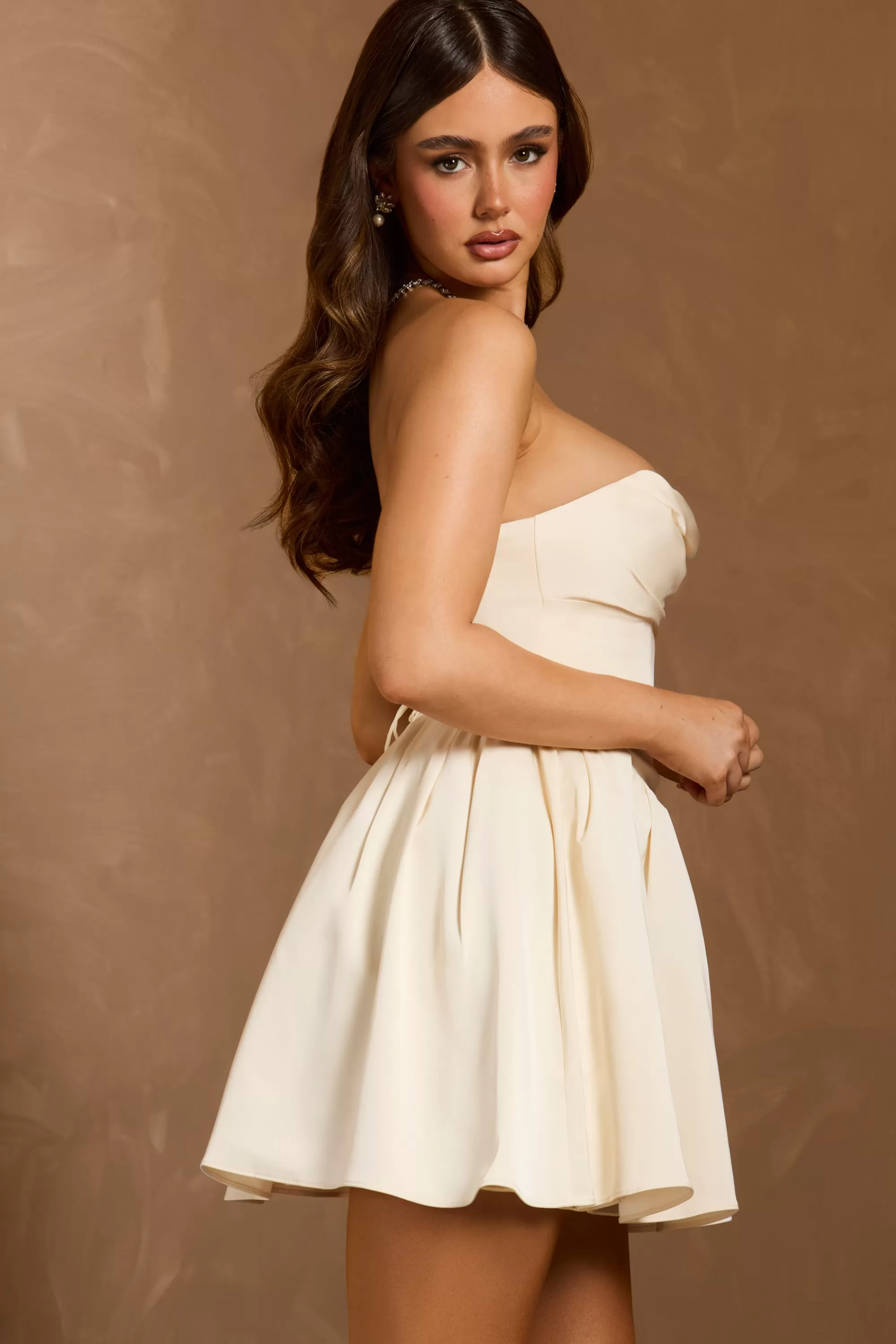 Oh Polly Cowl-Neck Corset Mini Dress in Ivory Clearance