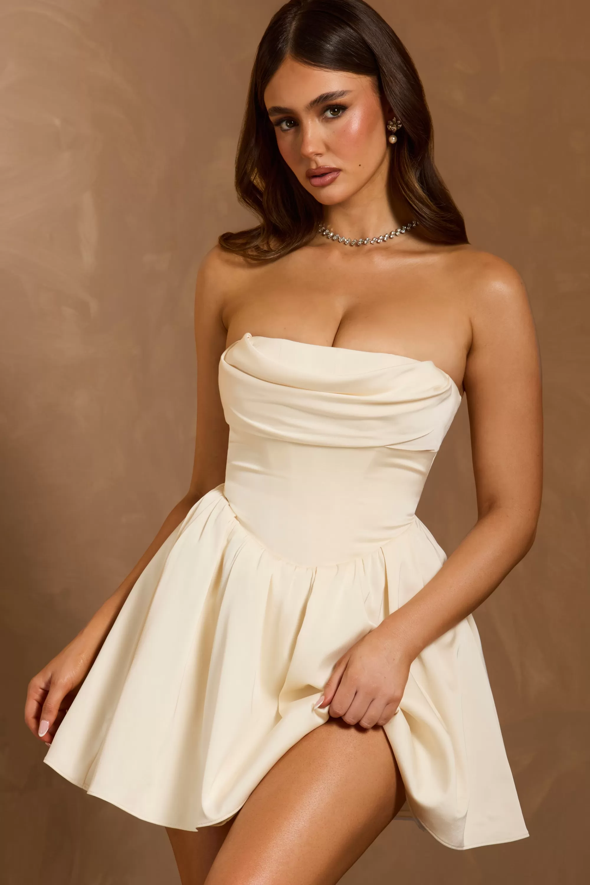 Oh Polly Cowl-Neck Corset Mini Dress in Ivory Clearance