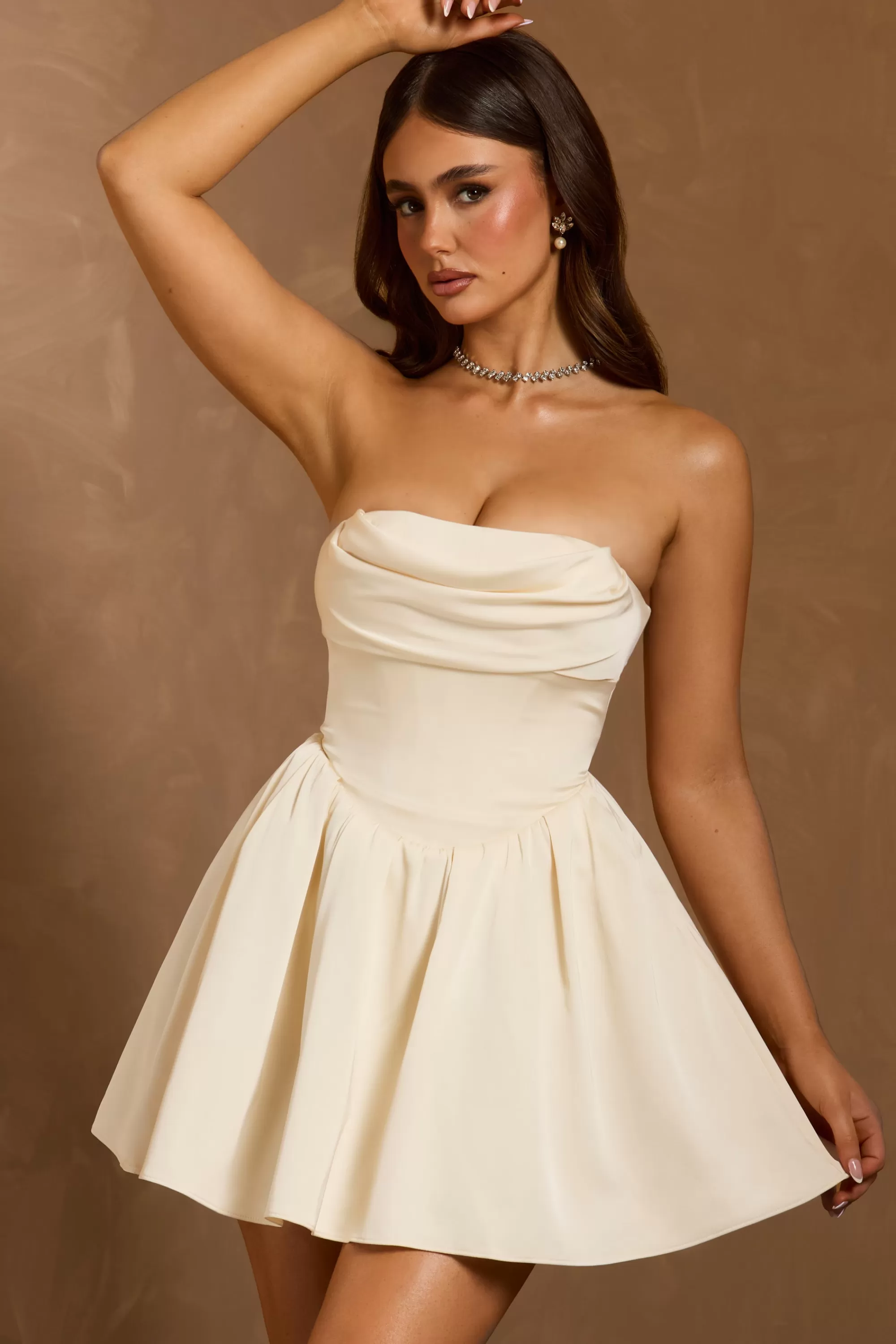 Oh Polly Cowl-Neck Corset Mini Dress in Ivory Clearance
