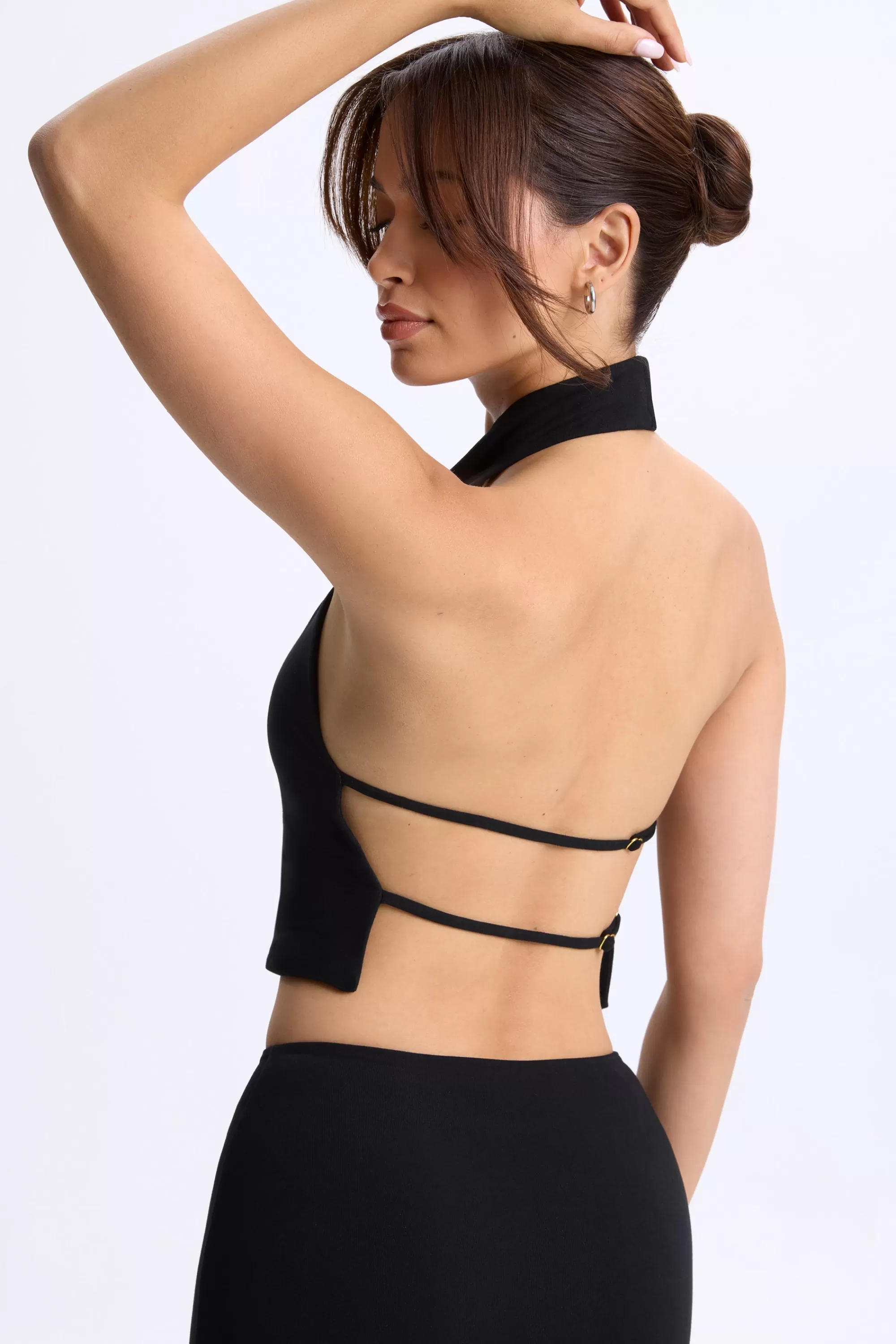 Oh Polly Cowl-Neck Open-Back Top in Black New