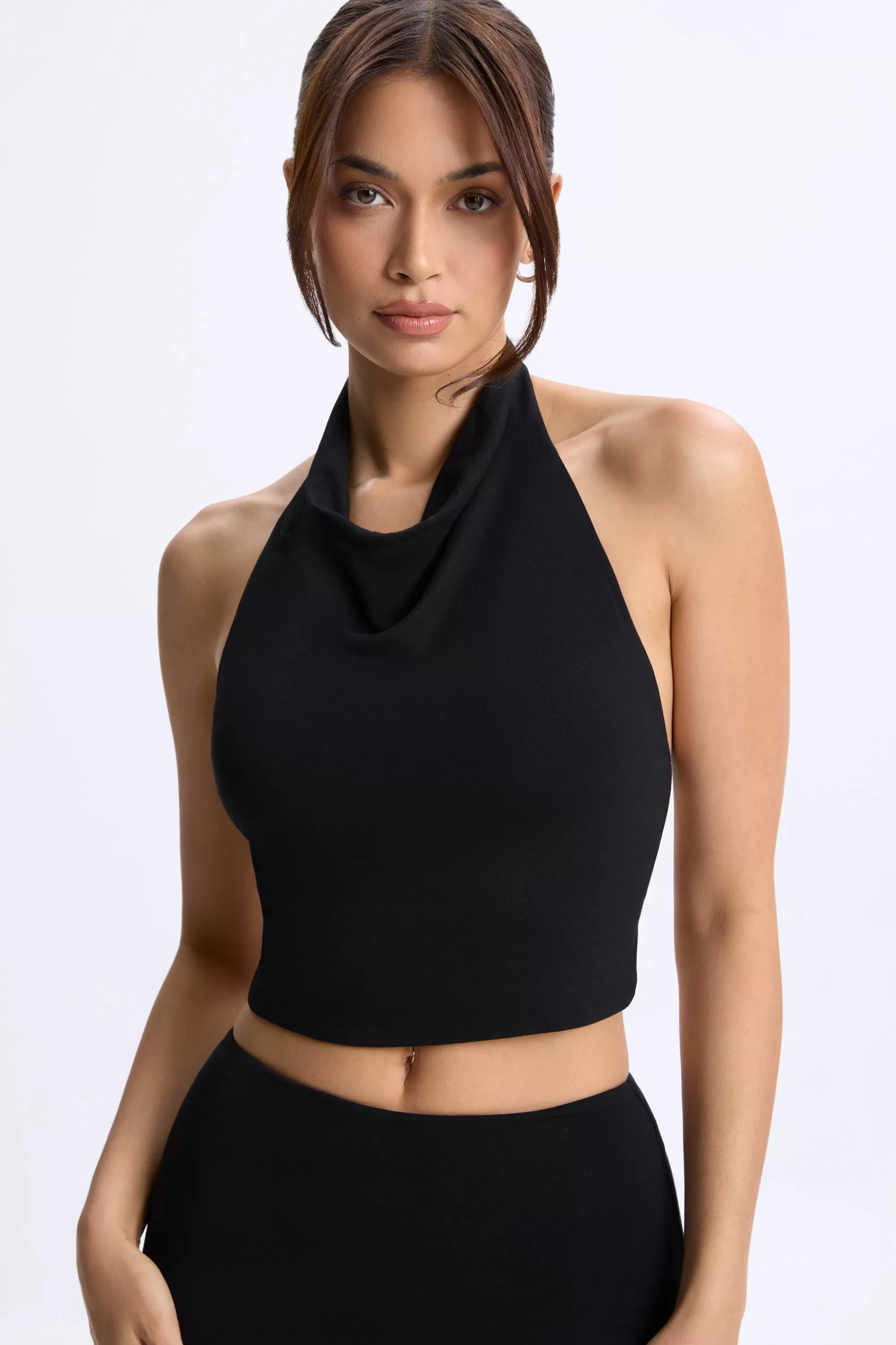 Oh Polly Cowl-Neck Open-Back Top in Black New