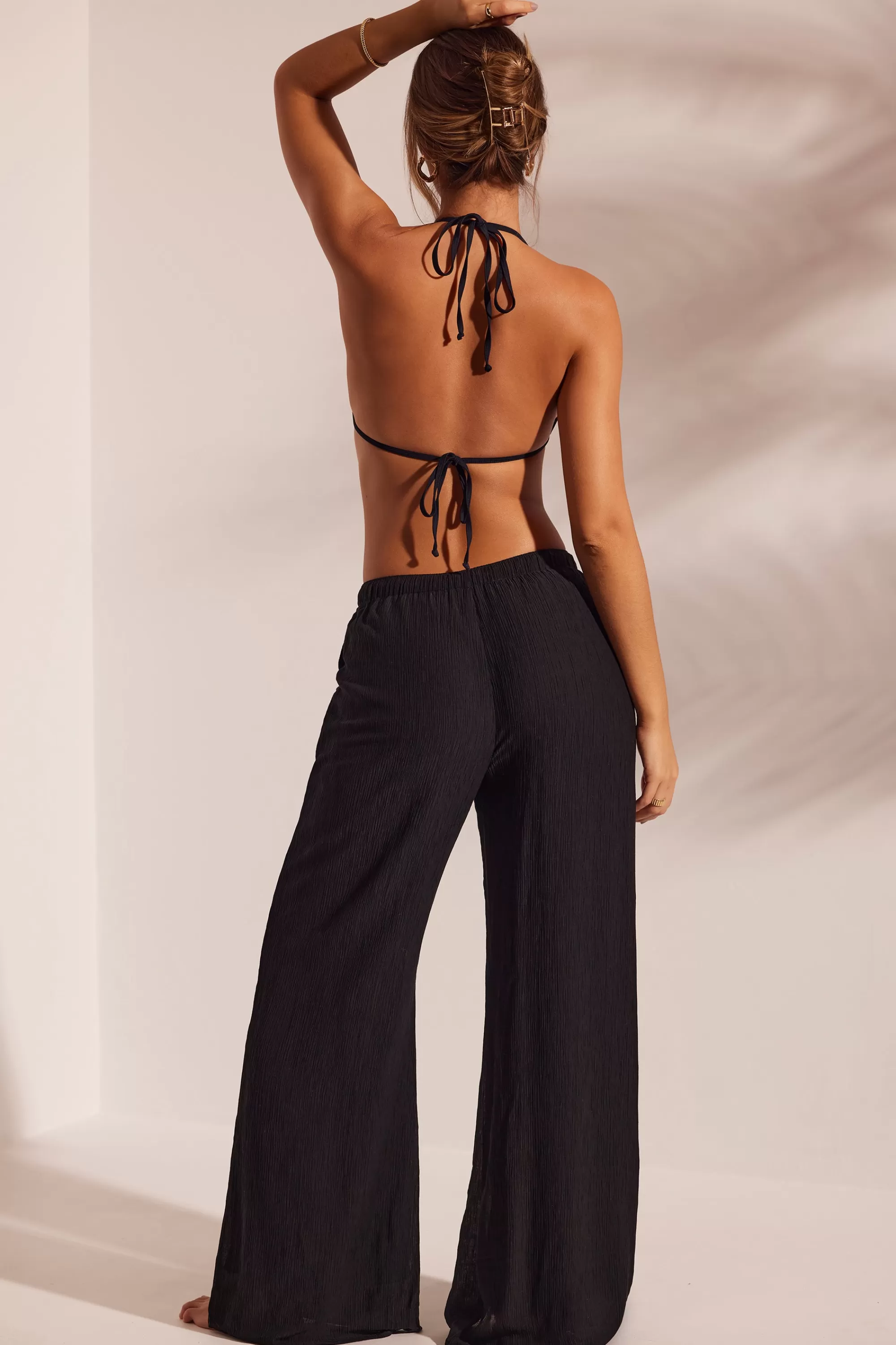 Oh Polly Crinkle Textured Beach Trousers in Black New