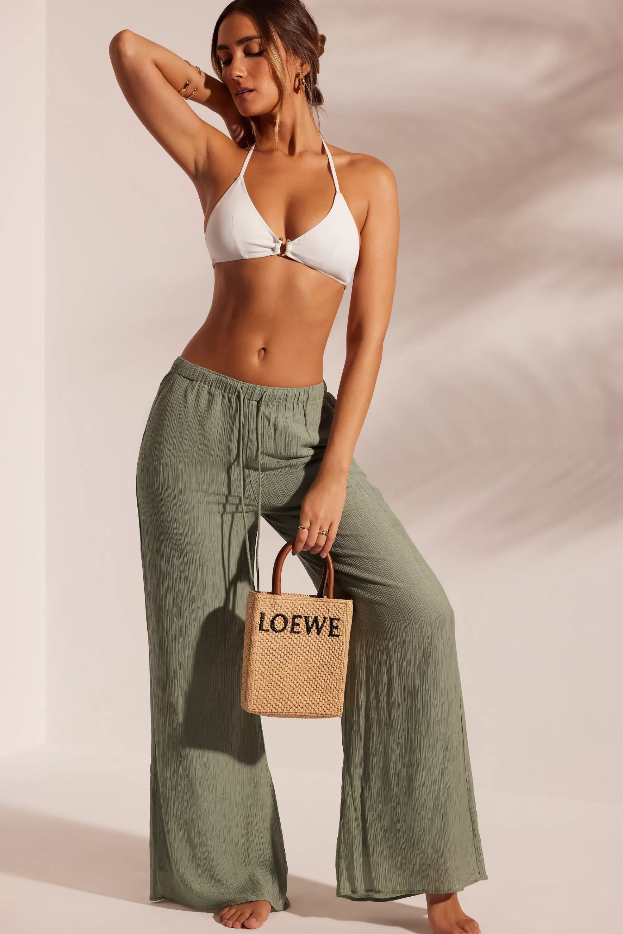 Oh Polly Crinkle Textured Beach Trousers in Light Green LightGreen Discount