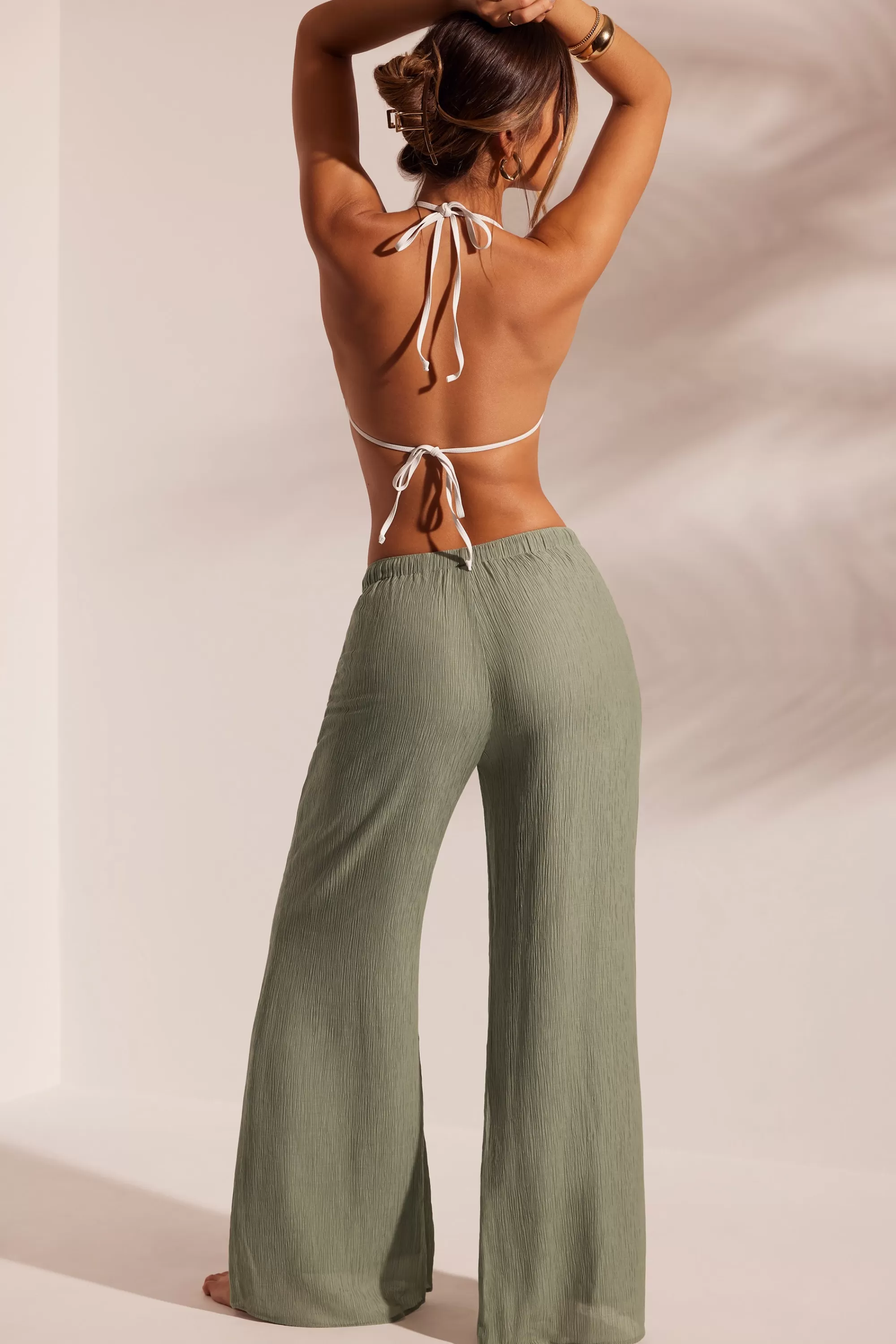 Oh Polly Crinkle Textured Beach Trousers in Light Green LightGreen Discount