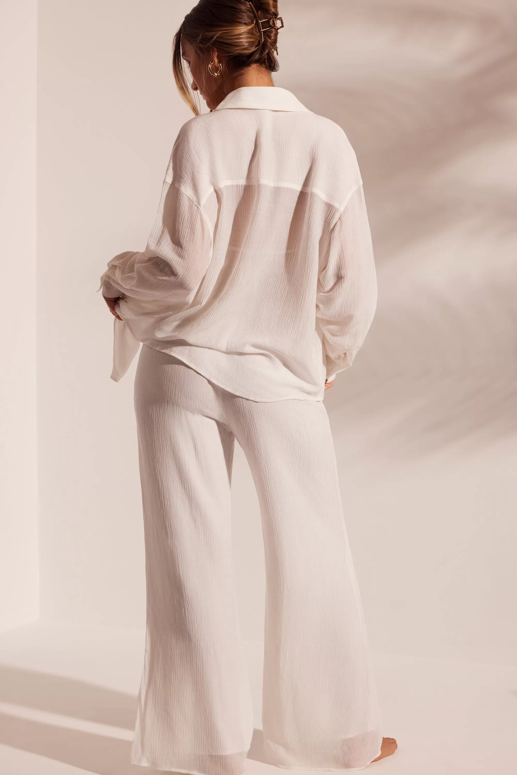 Oh Polly Crinkle Textured Oversized Beach Shirt in White Shop