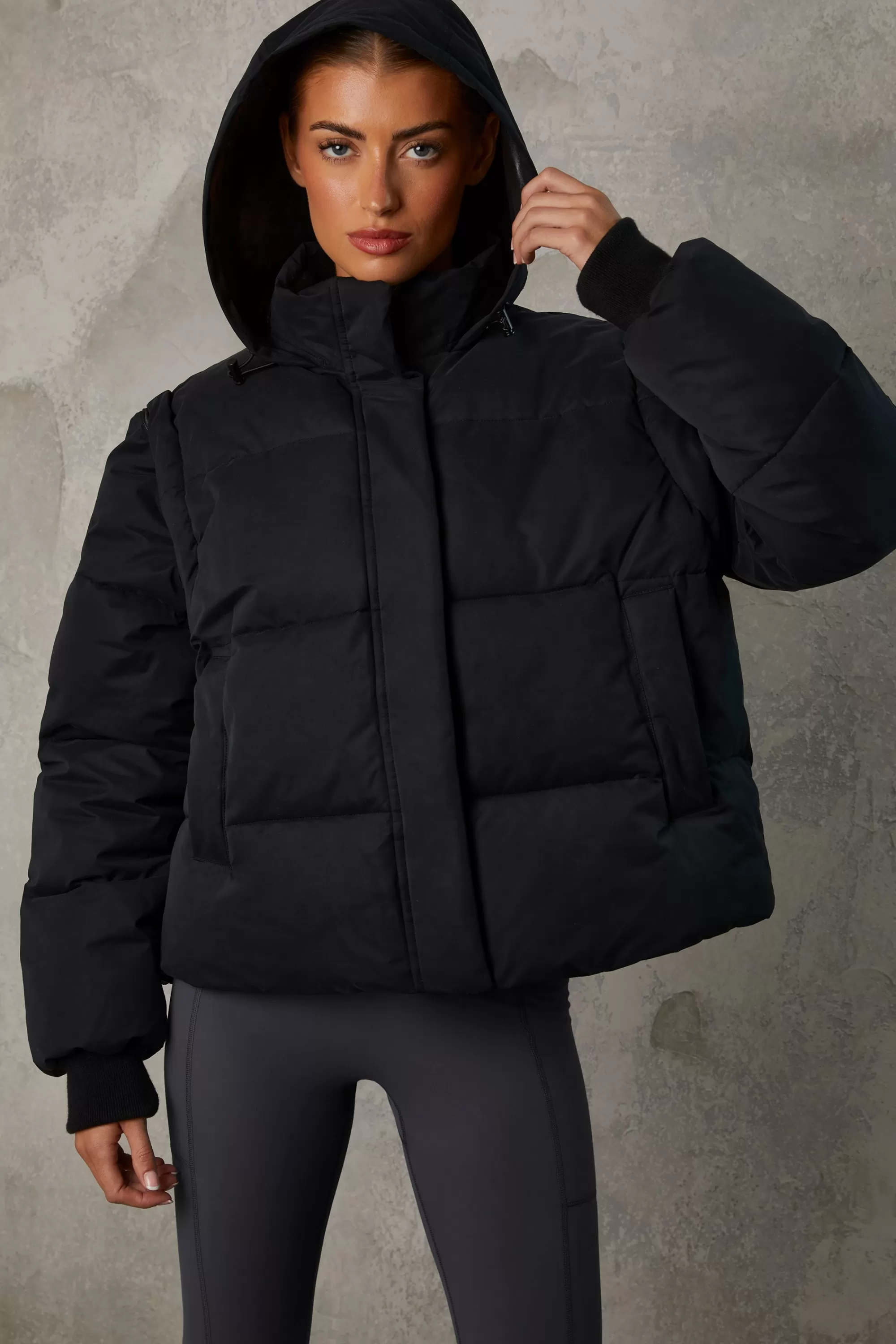 Oh Polly Cropped Puffer Jacket with Detachable Sleeves in Black Best