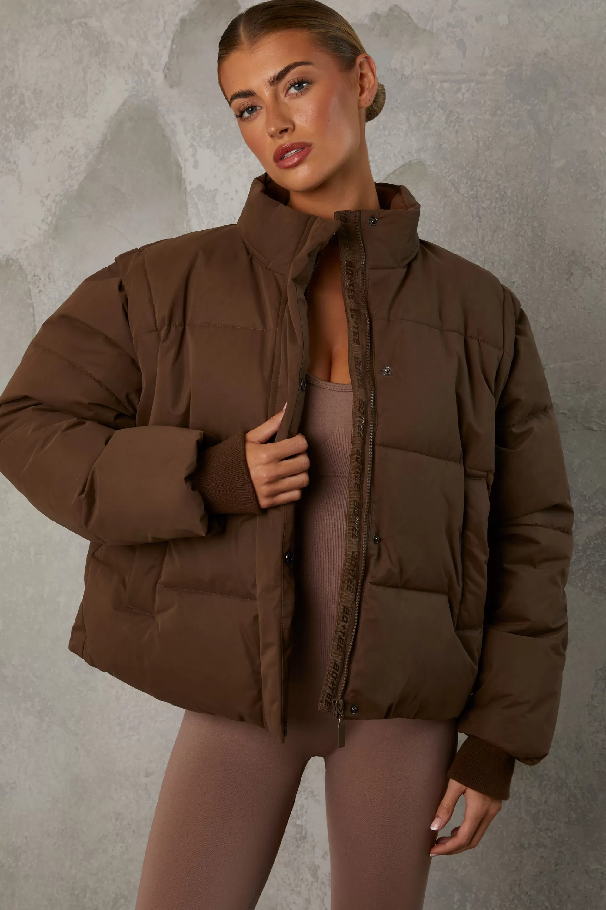 Oh Polly Cropped Puffer Jacket with Detachable Sleeves in Cocoa Brown CocoaBrown Sale