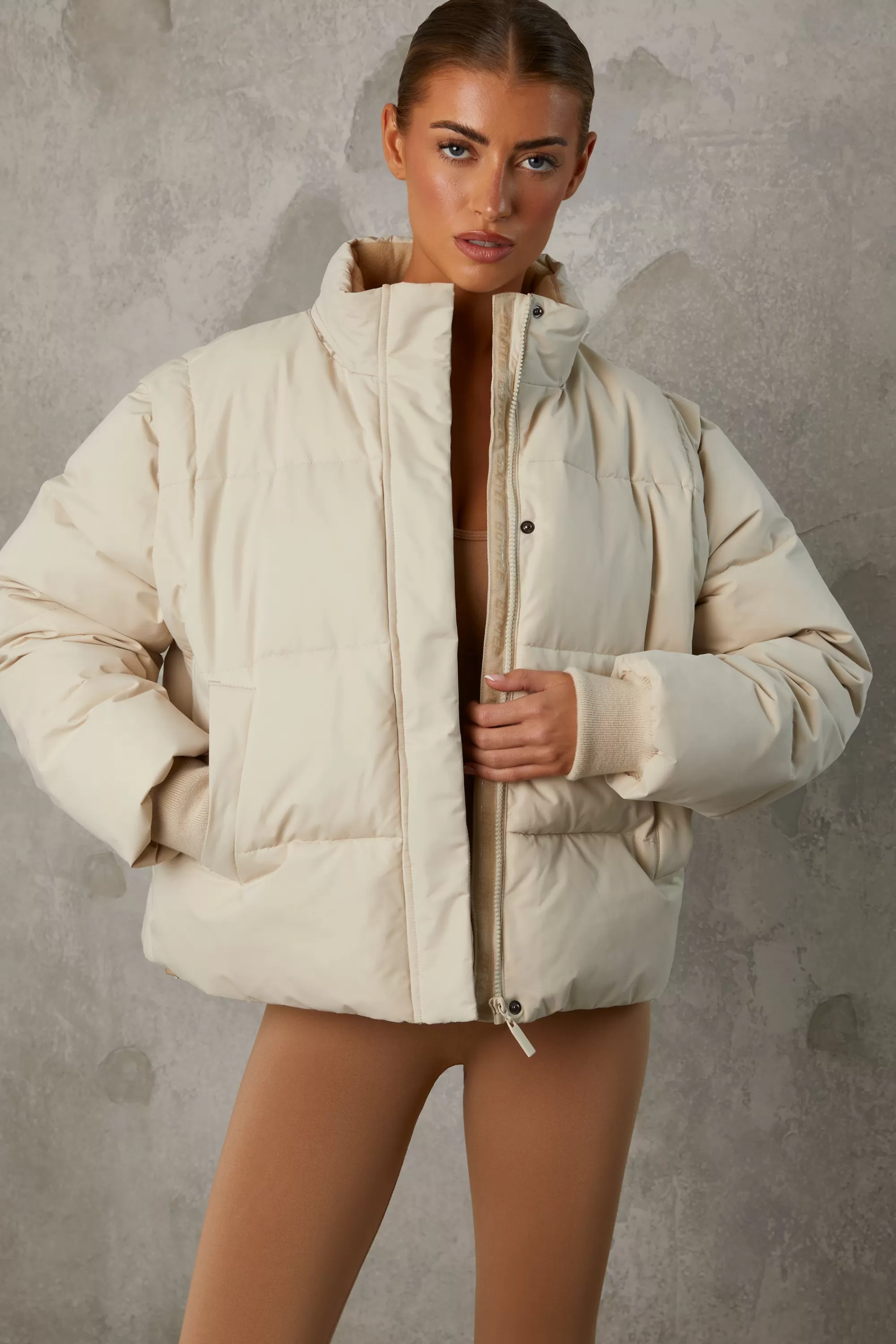 Oh Polly Cropped Puffer Jacket with Detachable Sleeves in Sand Discount