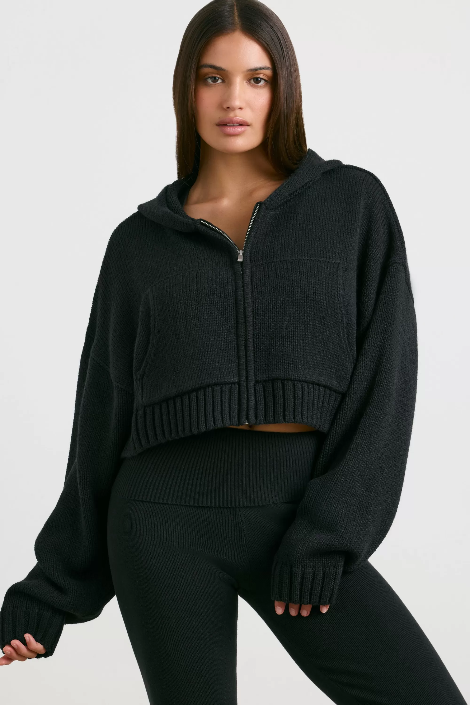 Oh Polly Cropped Zip Up Chunky Knit Hoodie in Black Discount