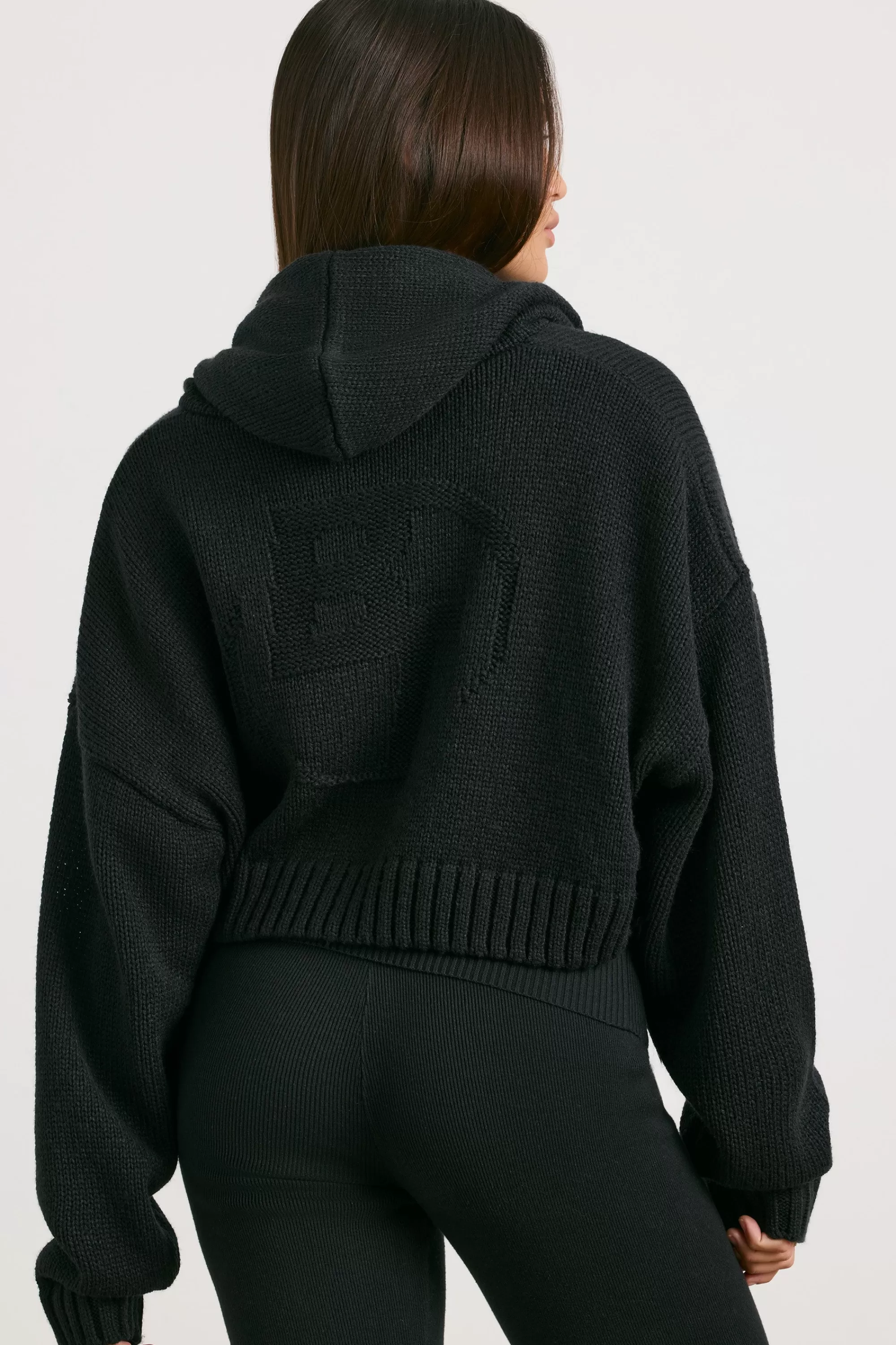 Oh Polly Cropped Zip Up Chunky Knit Hoodie in Black Discount