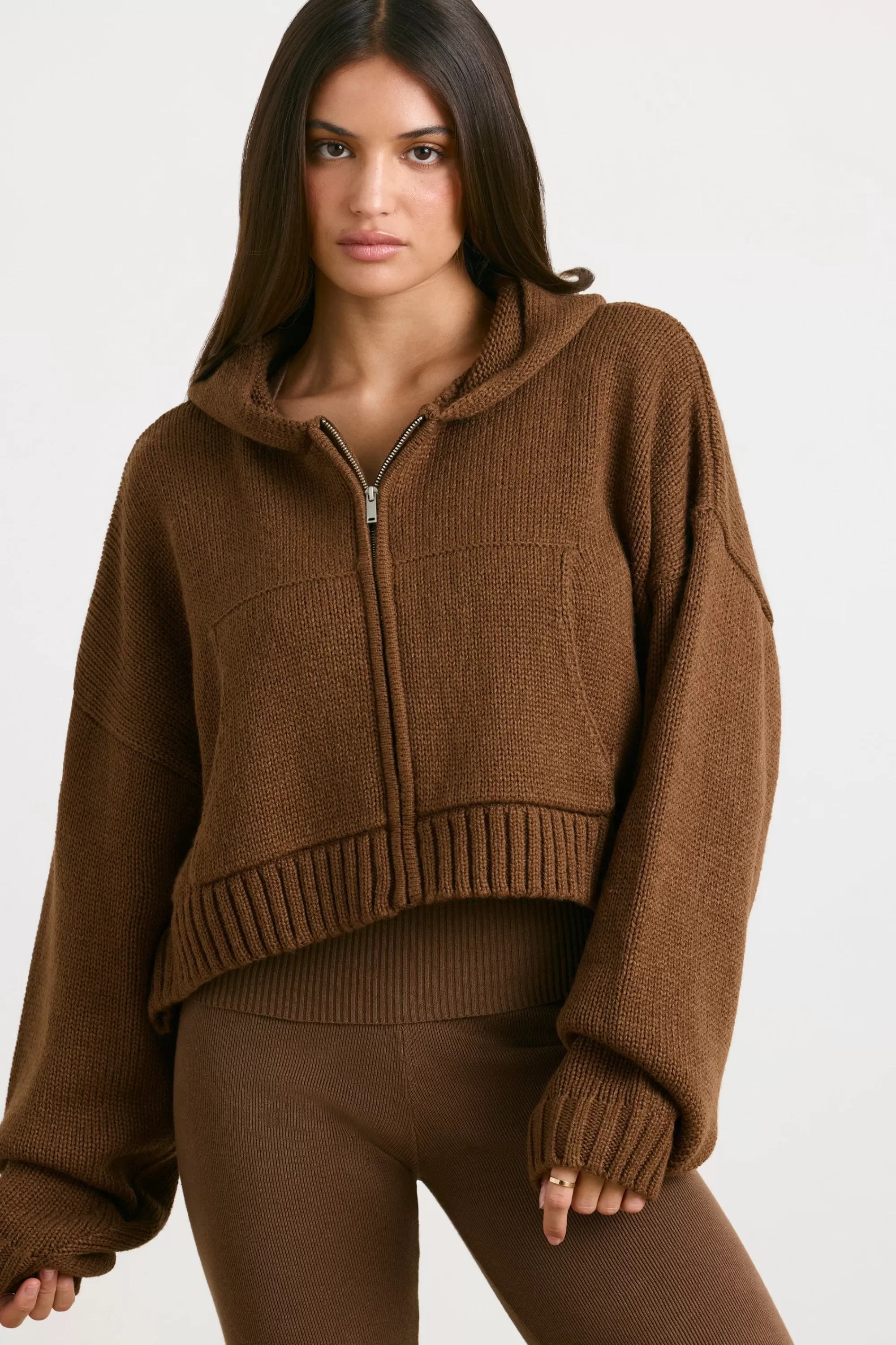 Oh Polly Cropped Zip Up Chunky Knit Hoodie in Espresso Fashion