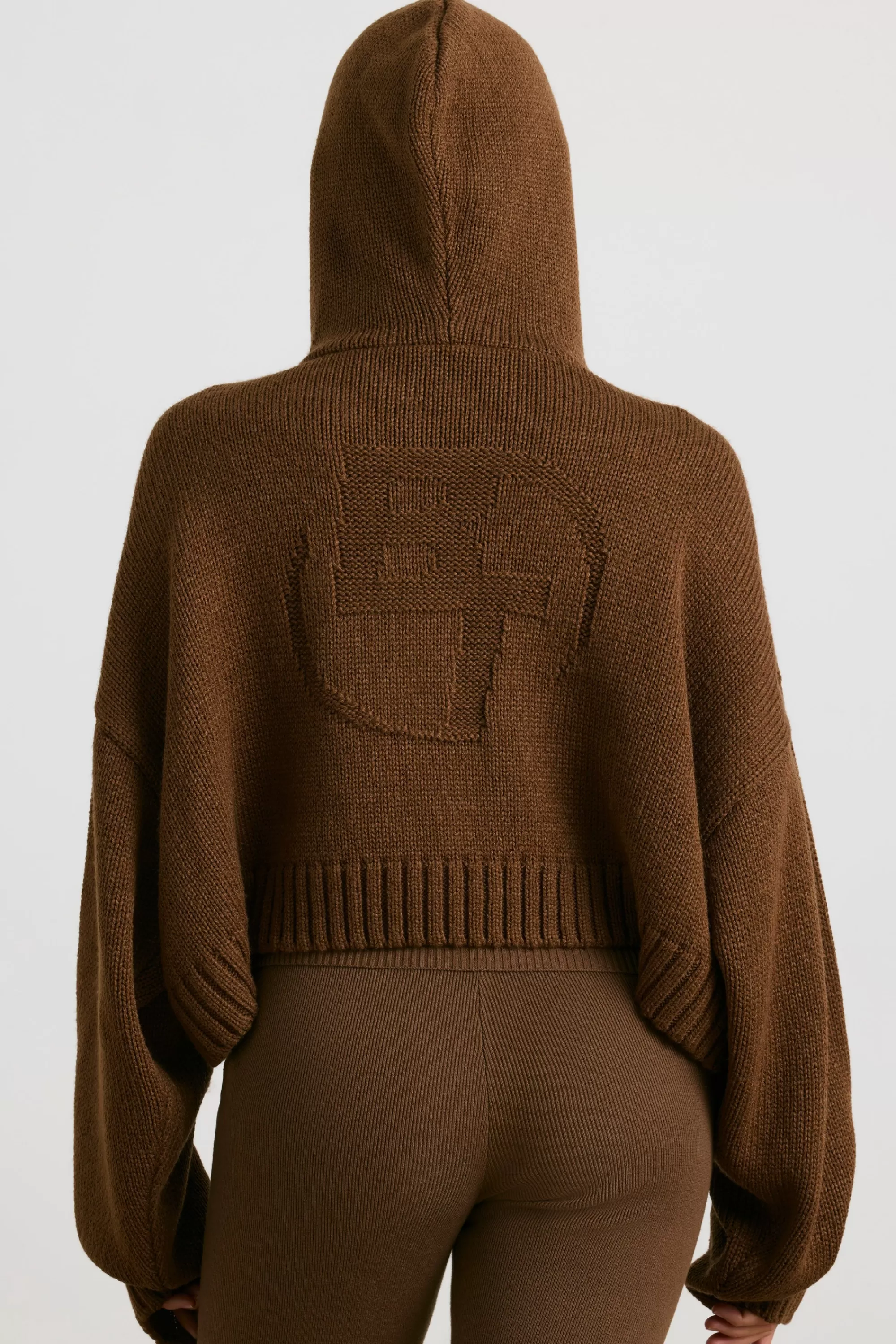 Oh Polly Cropped Zip Up Chunky Knit Hoodie in Espresso Fashion