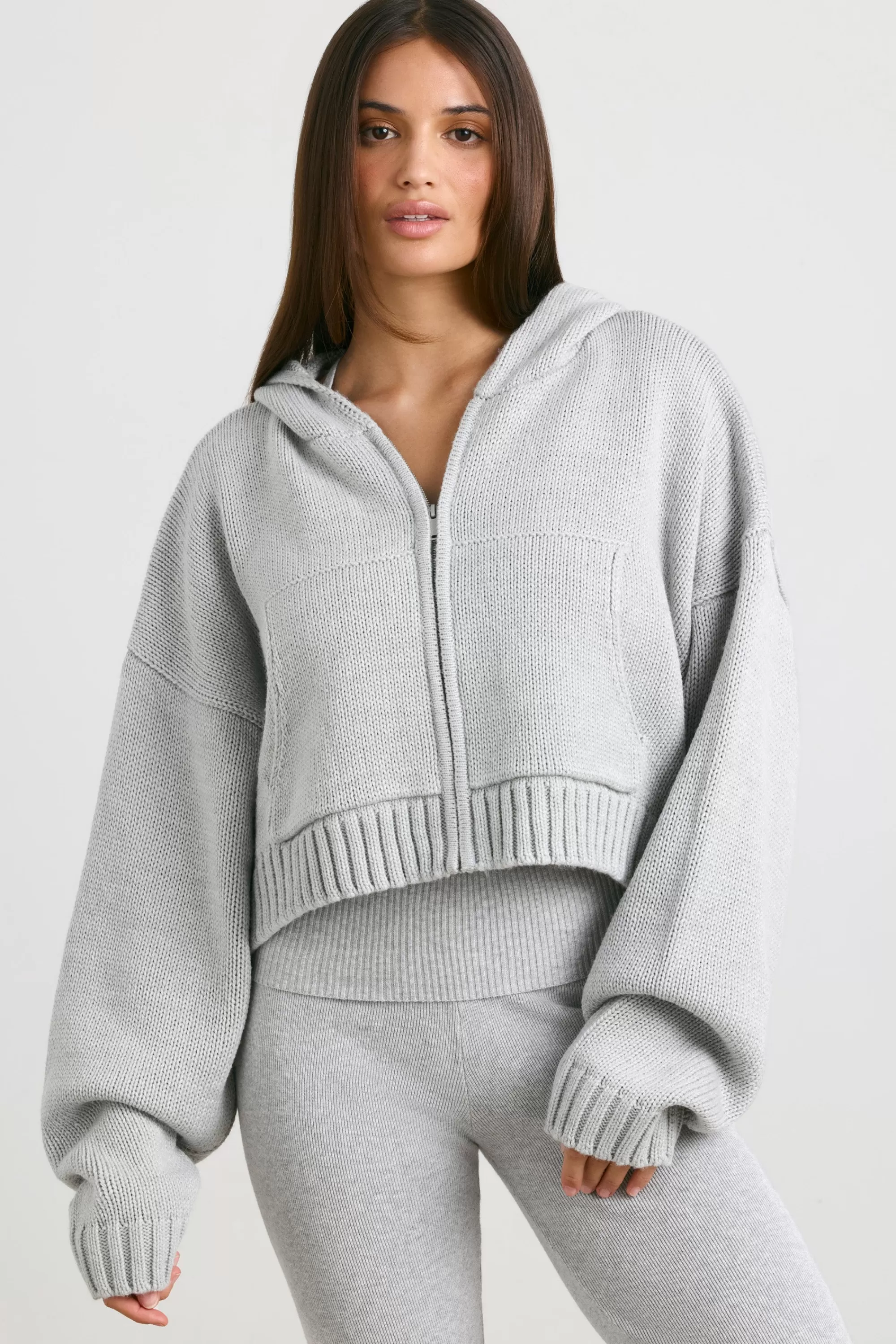 Oh Polly Cropped Zip Up Chunky Knit Hoodie in Heather Grey HeatherGrey New