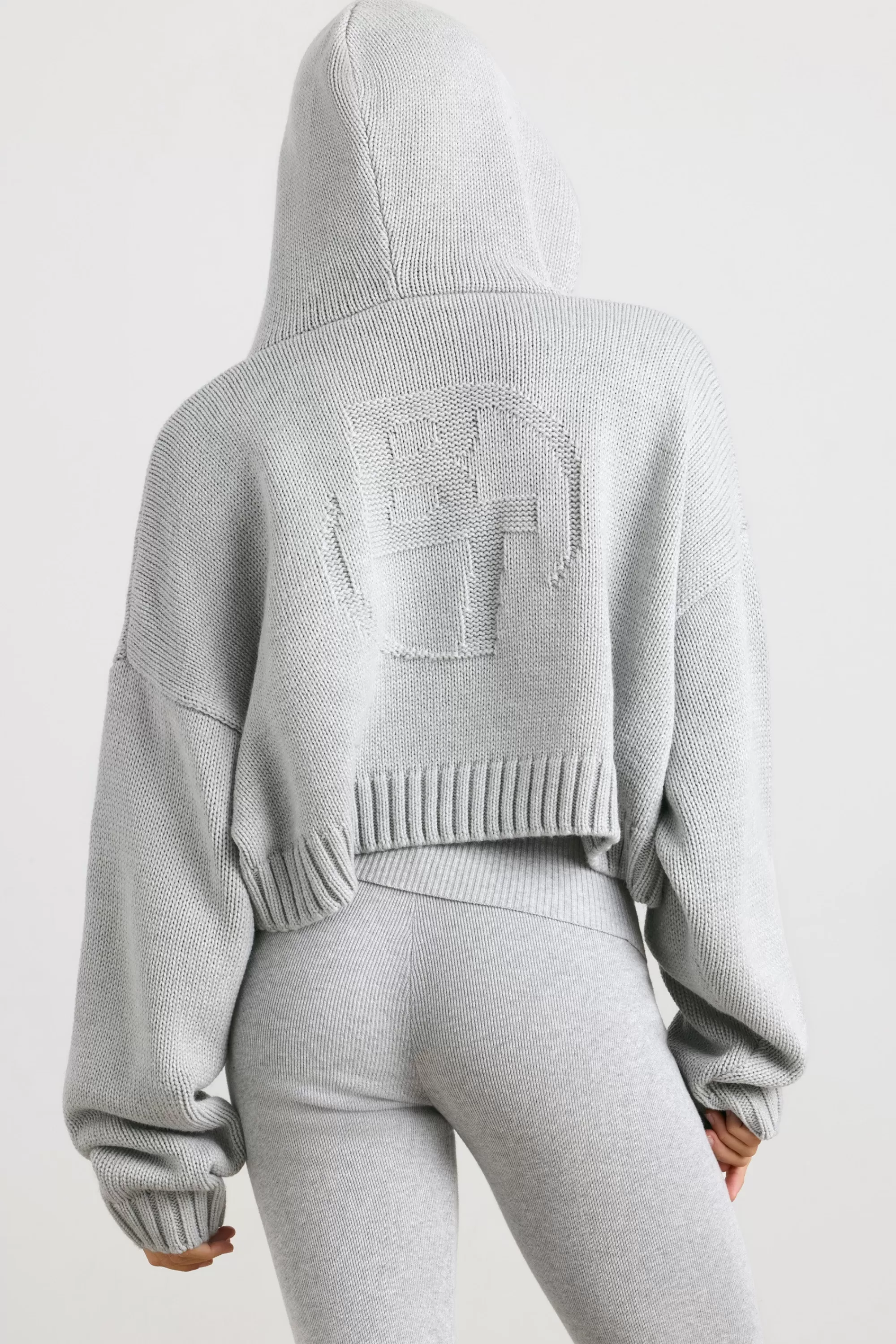 Oh Polly Cropped Zip Up Chunky Knit Hoodie in Heather Grey HeatherGrey New