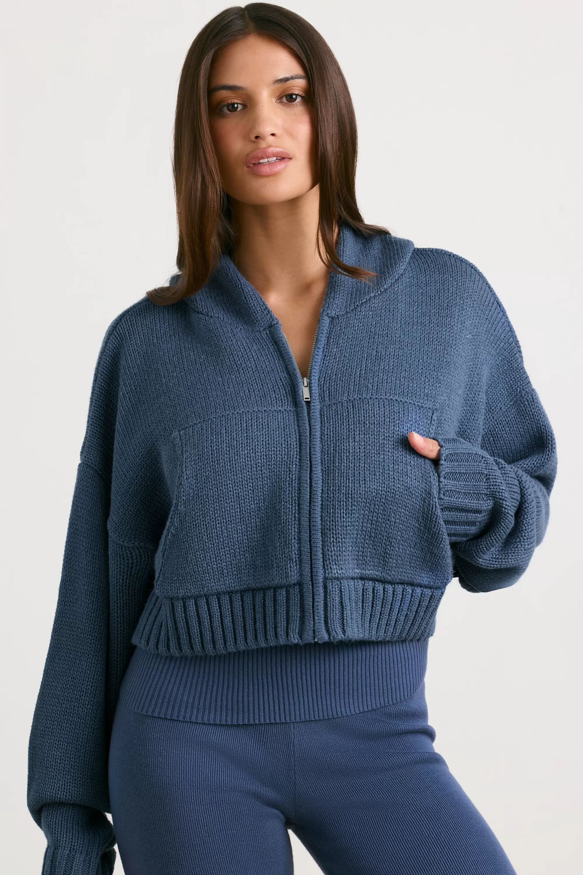 Oh Polly Cropped Zip Up Chunky Knit Hoodie in Washed Navy WashedNavy Outlet