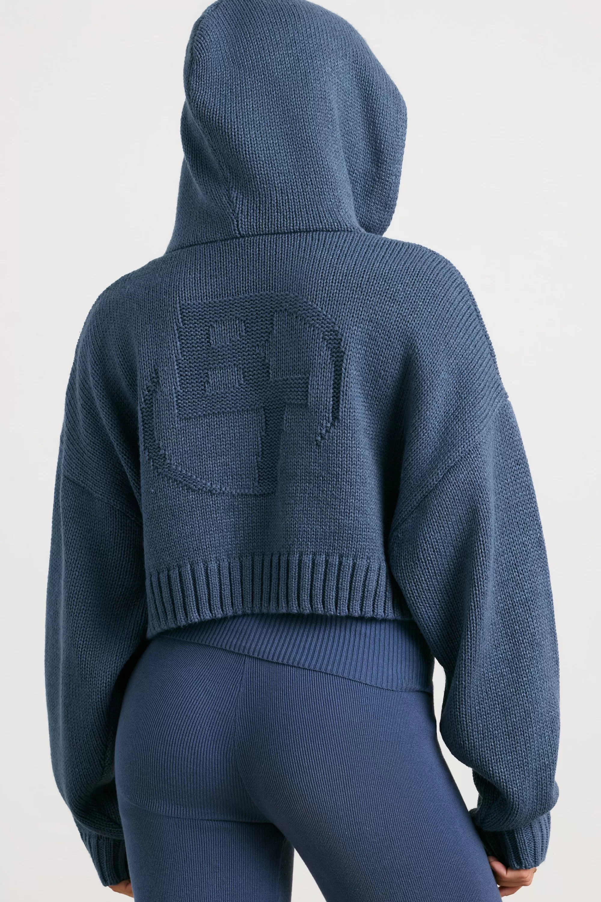 Oh Polly Cropped Zip Up Chunky Knit Hoodie in Washed Navy WashedNavy Outlet