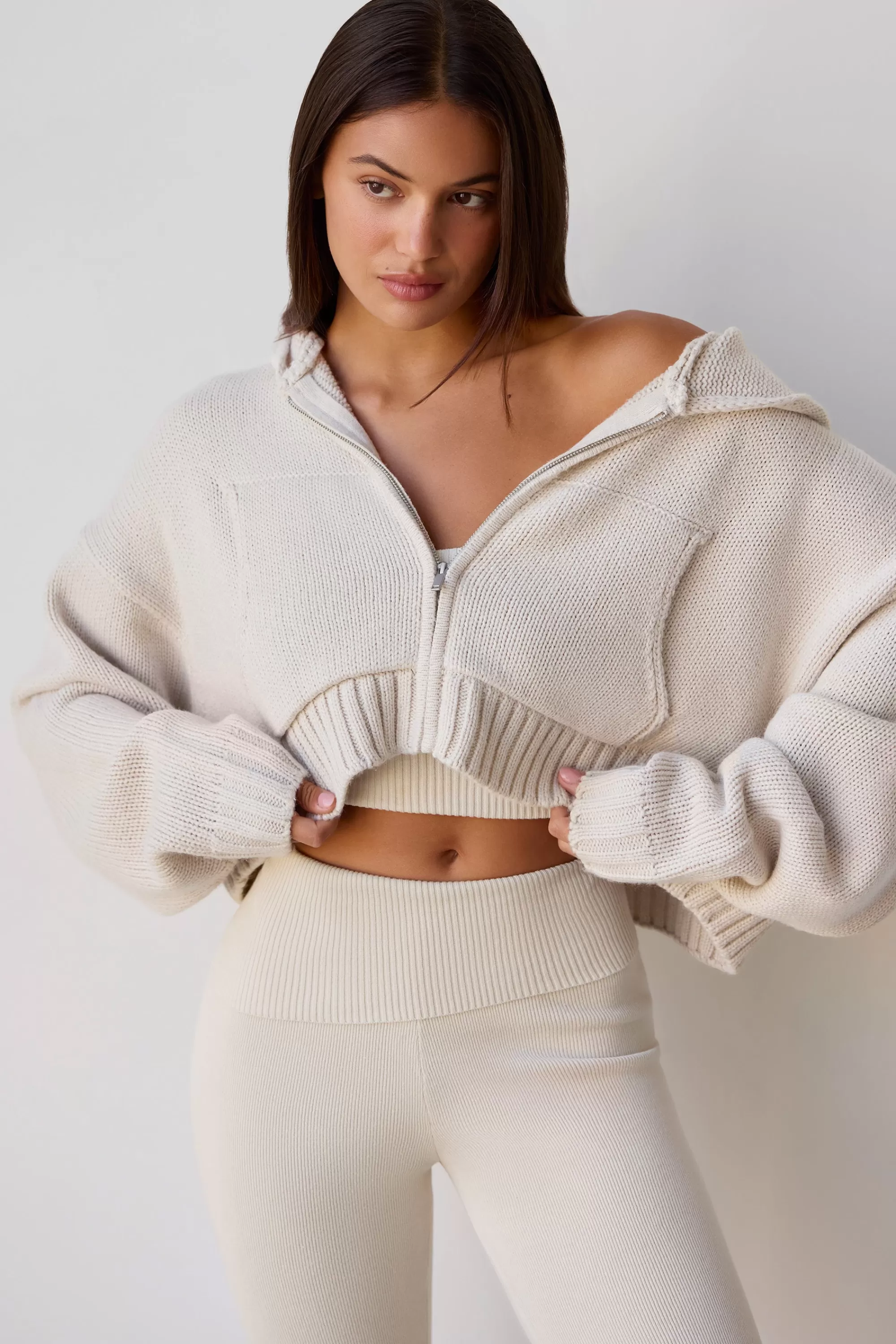 Oh Polly Cropped Zip-Up Chunky Knit Hoodie in Cream Store