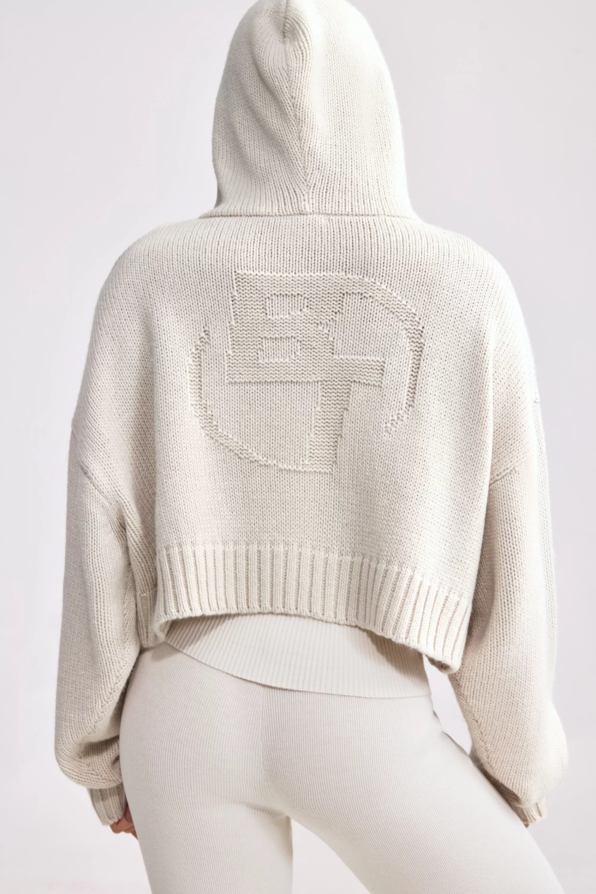 Oh Polly Cropped Zip-Up Chunky Knit Hoodie in Cream Store