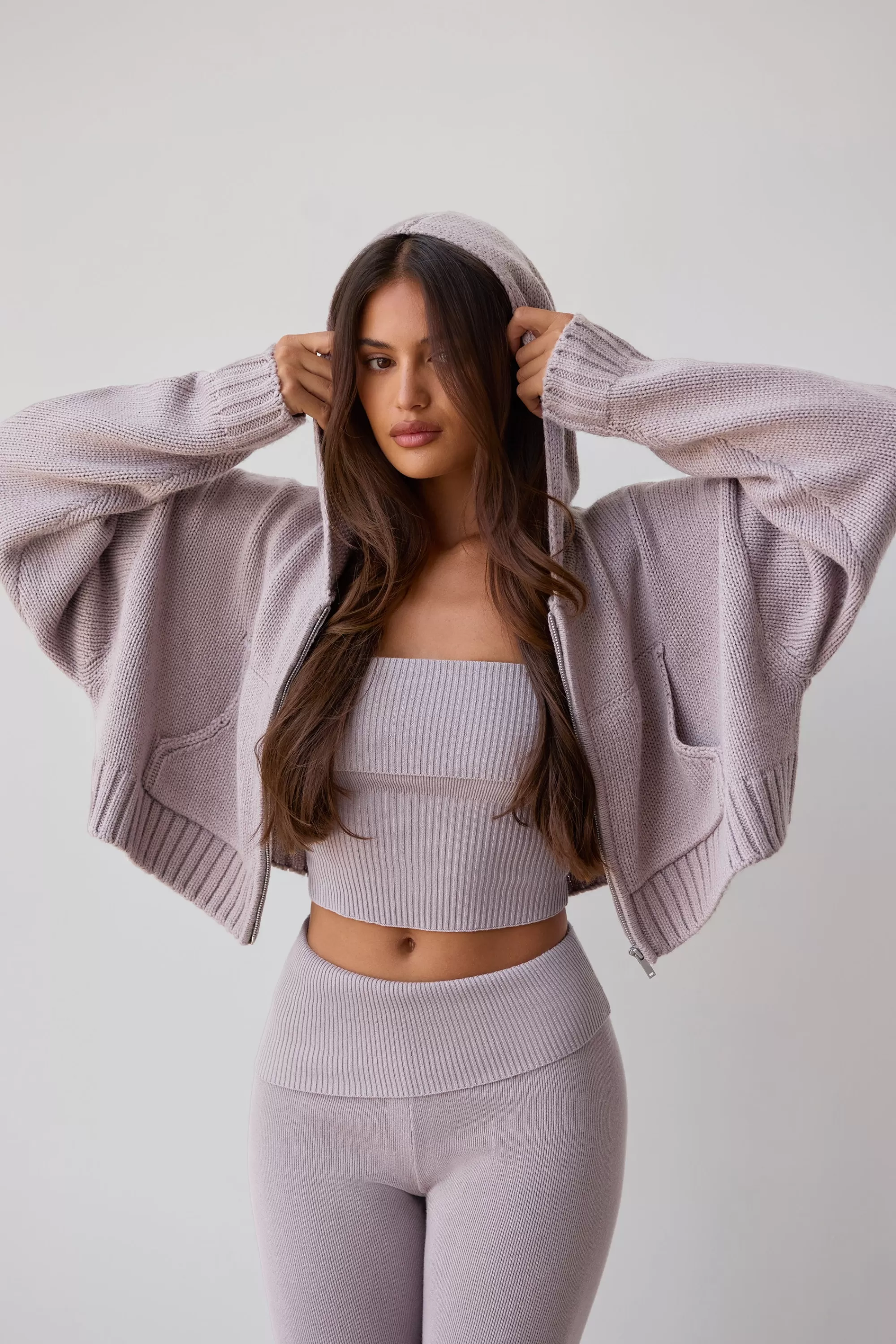 Oh Polly Cropped Zip-Up Chunky Knit Hoodie in Dusty Lavender DustyLavender Hot