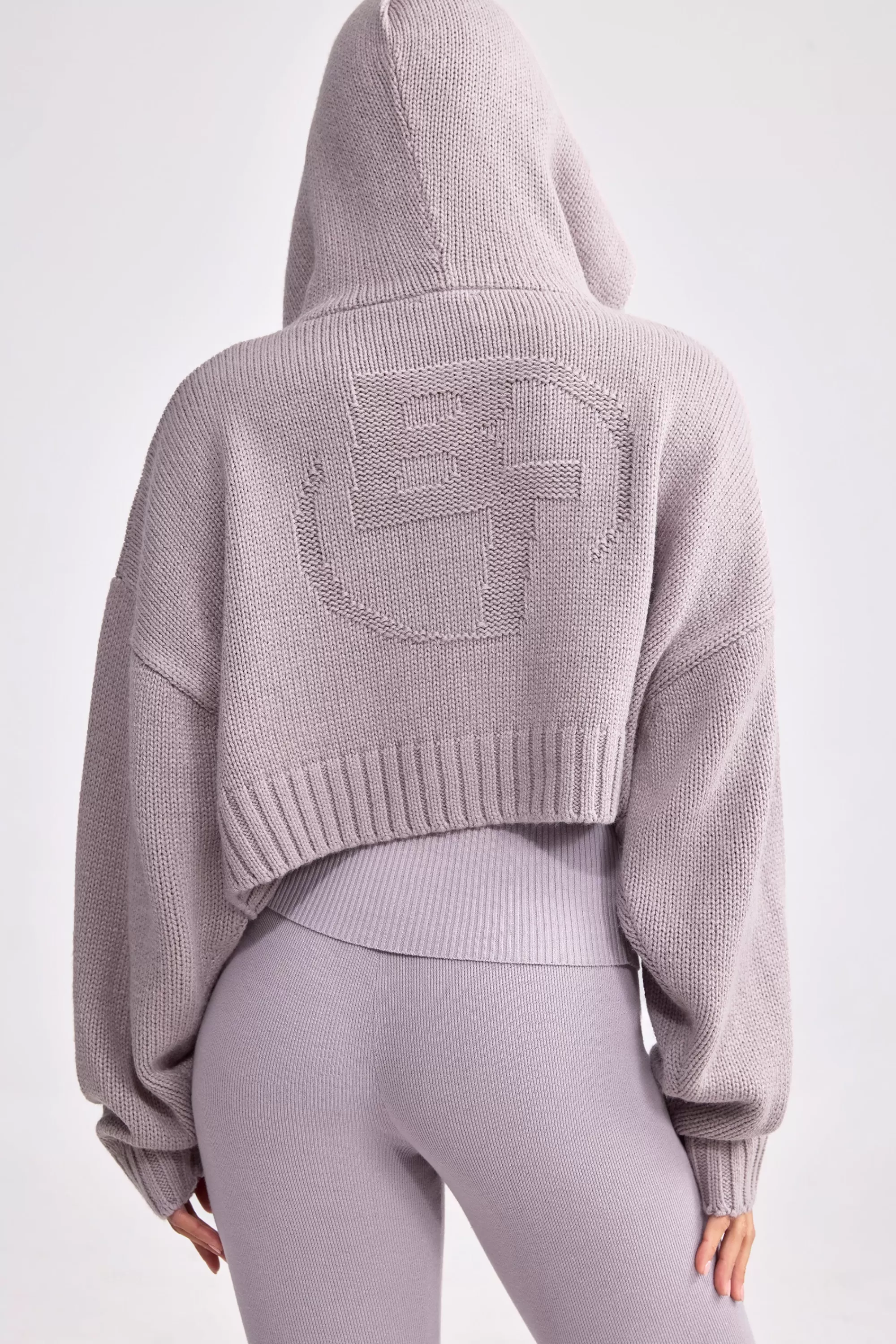 Oh Polly Cropped Zip-Up Chunky Knit Hoodie in Dusty Lavender DustyLavender Hot