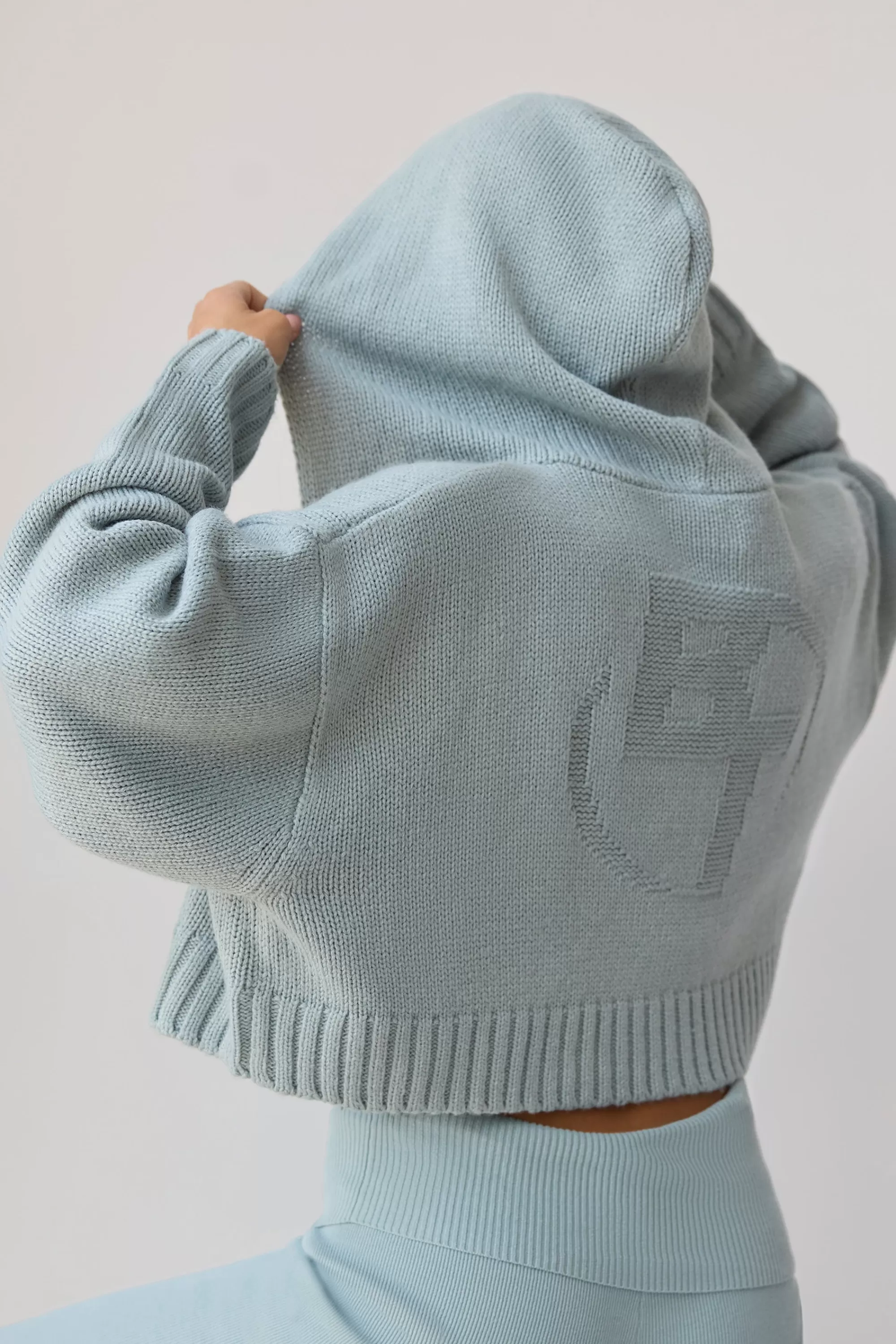 Oh Polly Cropped Zip-Up Chunky Knit Hoodie in Dusty Teal DustyTeal Best