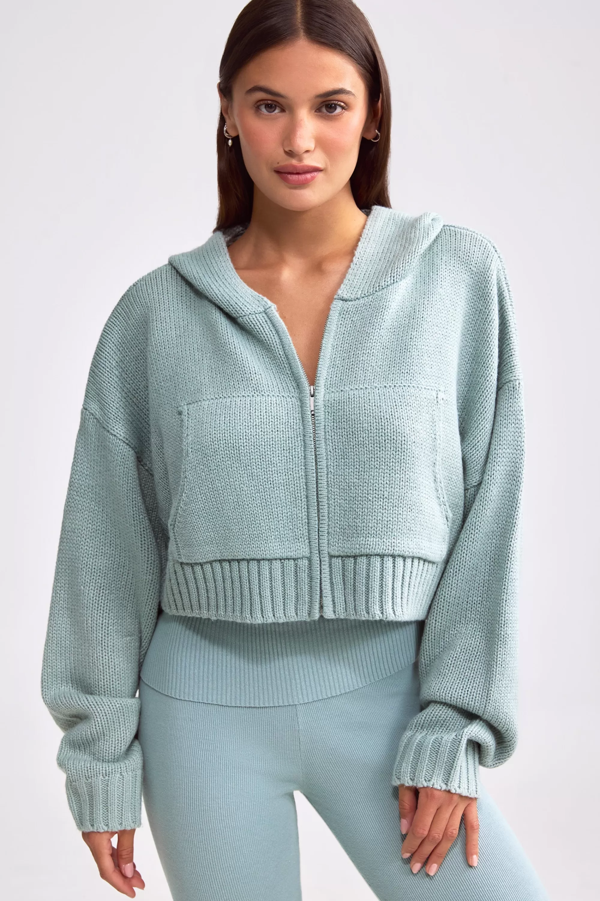 Oh Polly Cropped Zip-Up Chunky Knit Hoodie in Dusty Teal DustyTeal Best