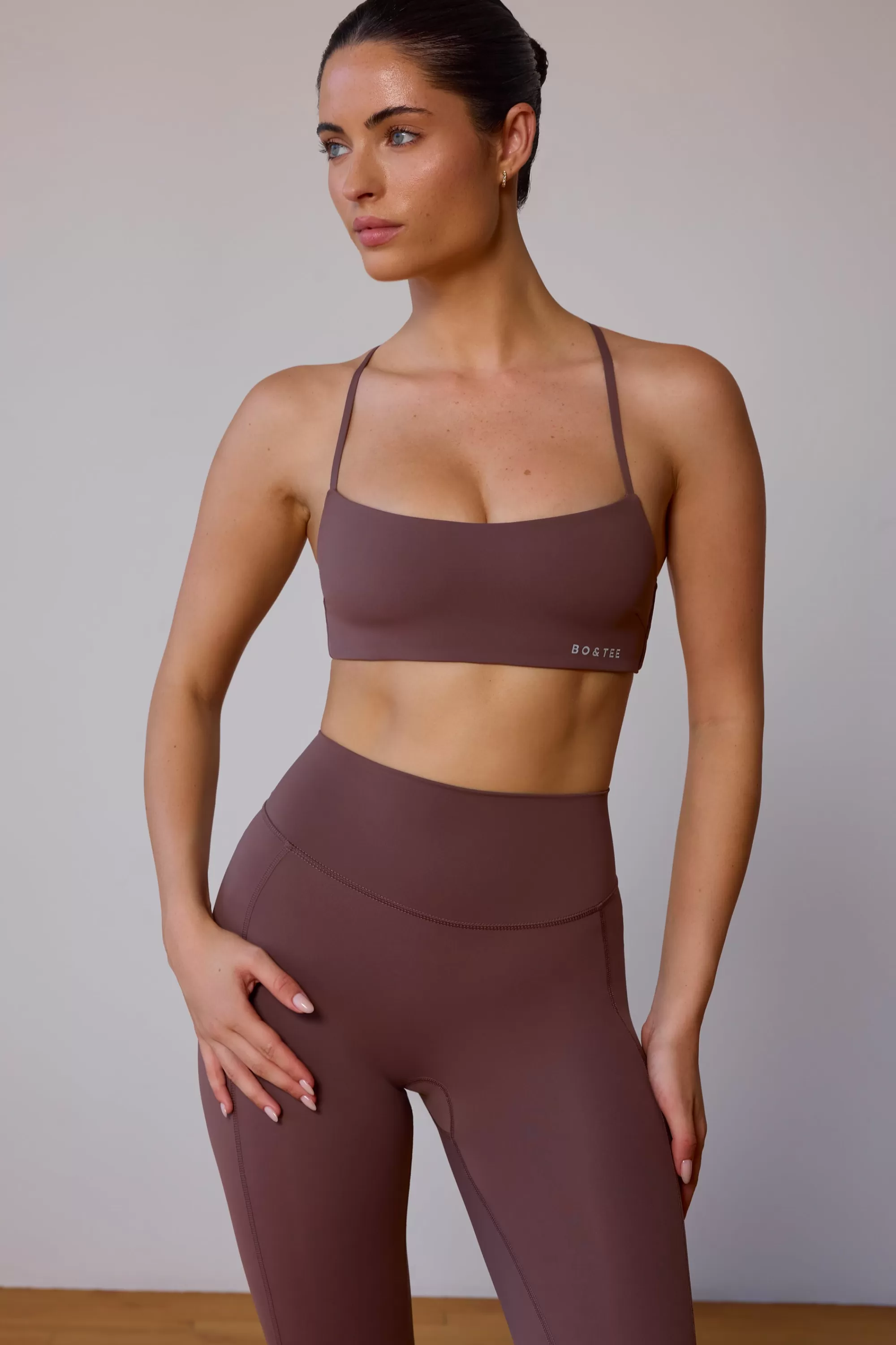 Oh Polly Cross-Back Sports Bra in Taupe Brown TaupeBrown Hot