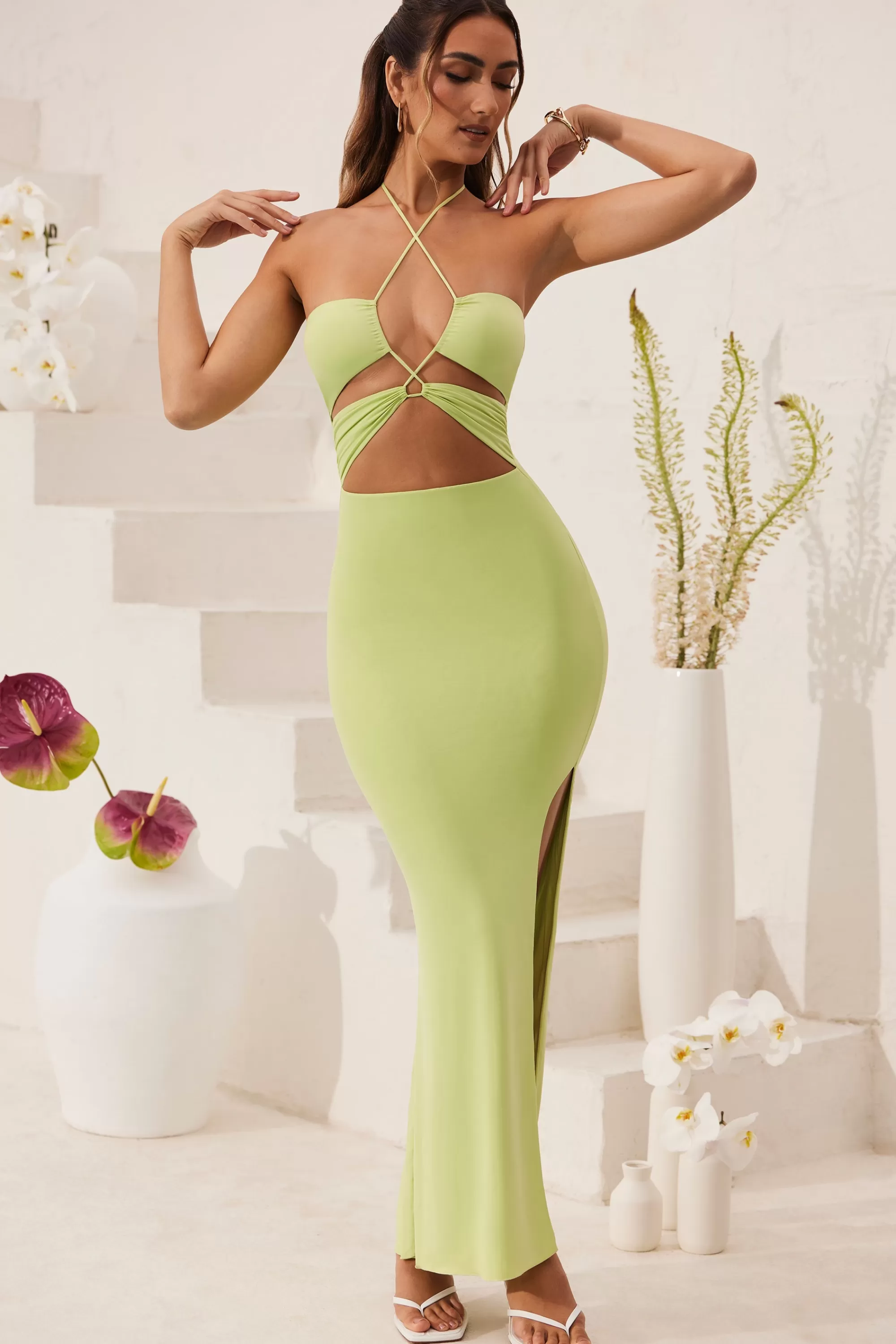 Oh Polly Cut Out Halter Neck Floor Length Maxi Dress in Lime Green LimeGreen Flash Sale
