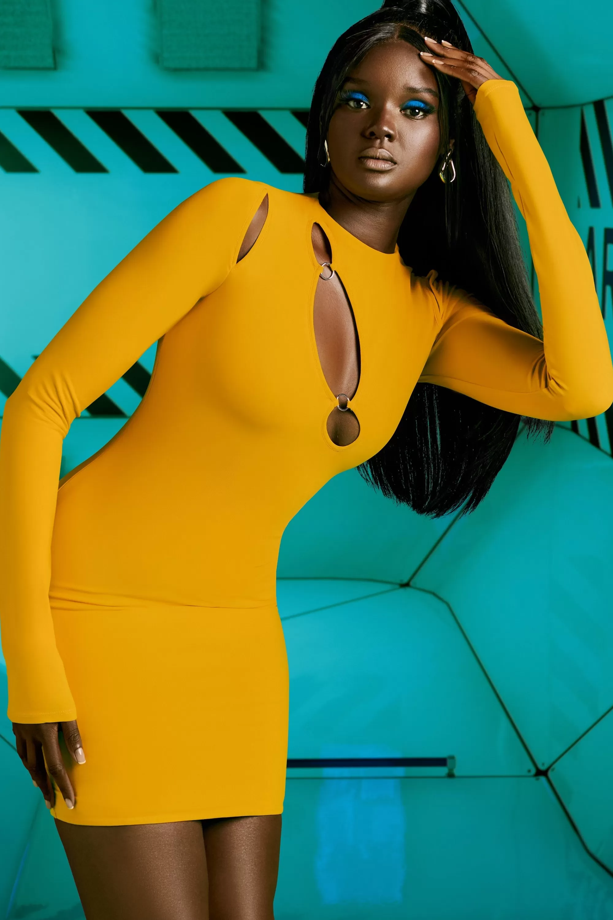 Oh Polly Cut Out Long Sleeve Dress in Yellow Sale