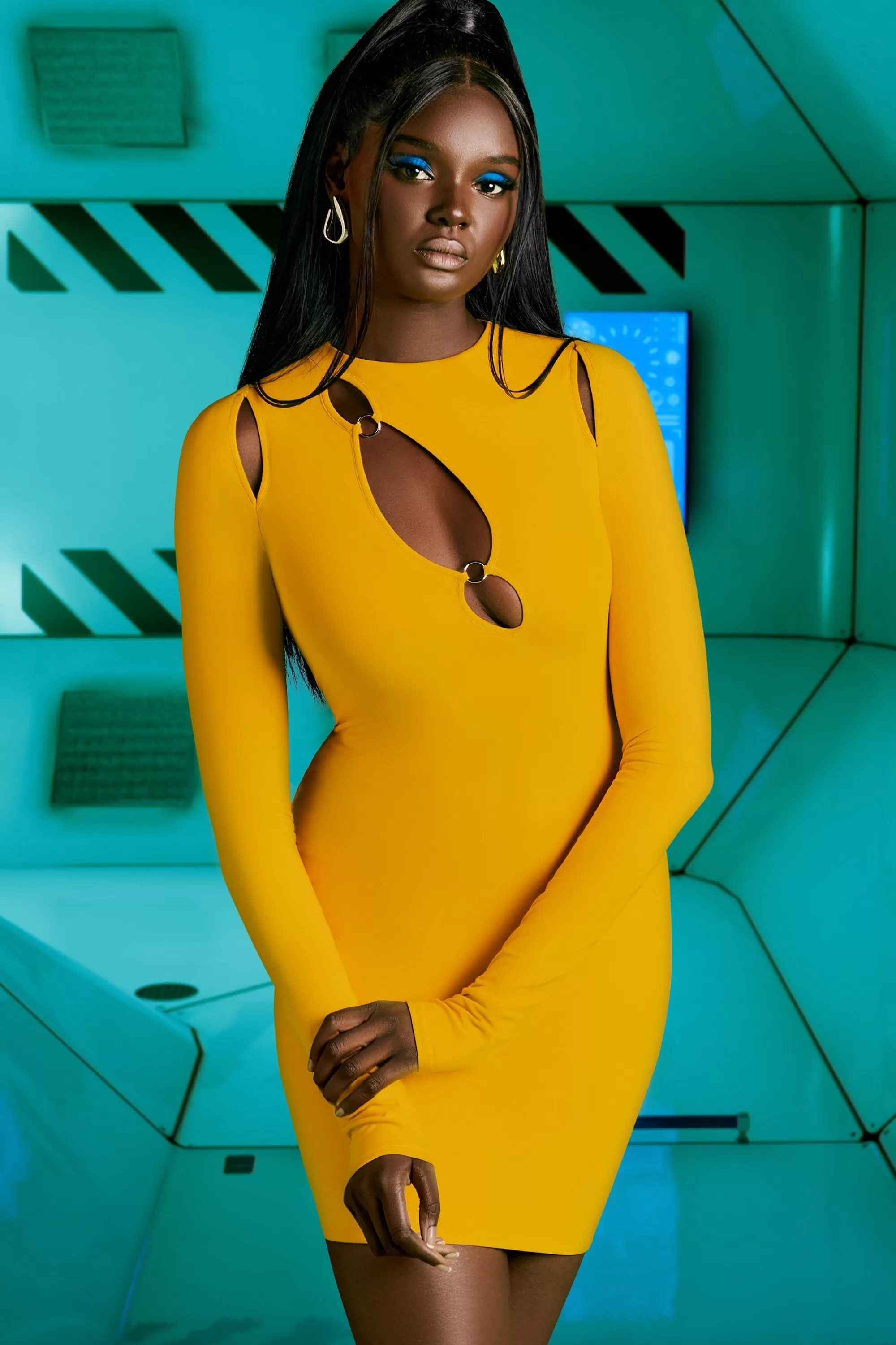 Oh Polly Cut Out Long Sleeve Dress in Yellow Sale