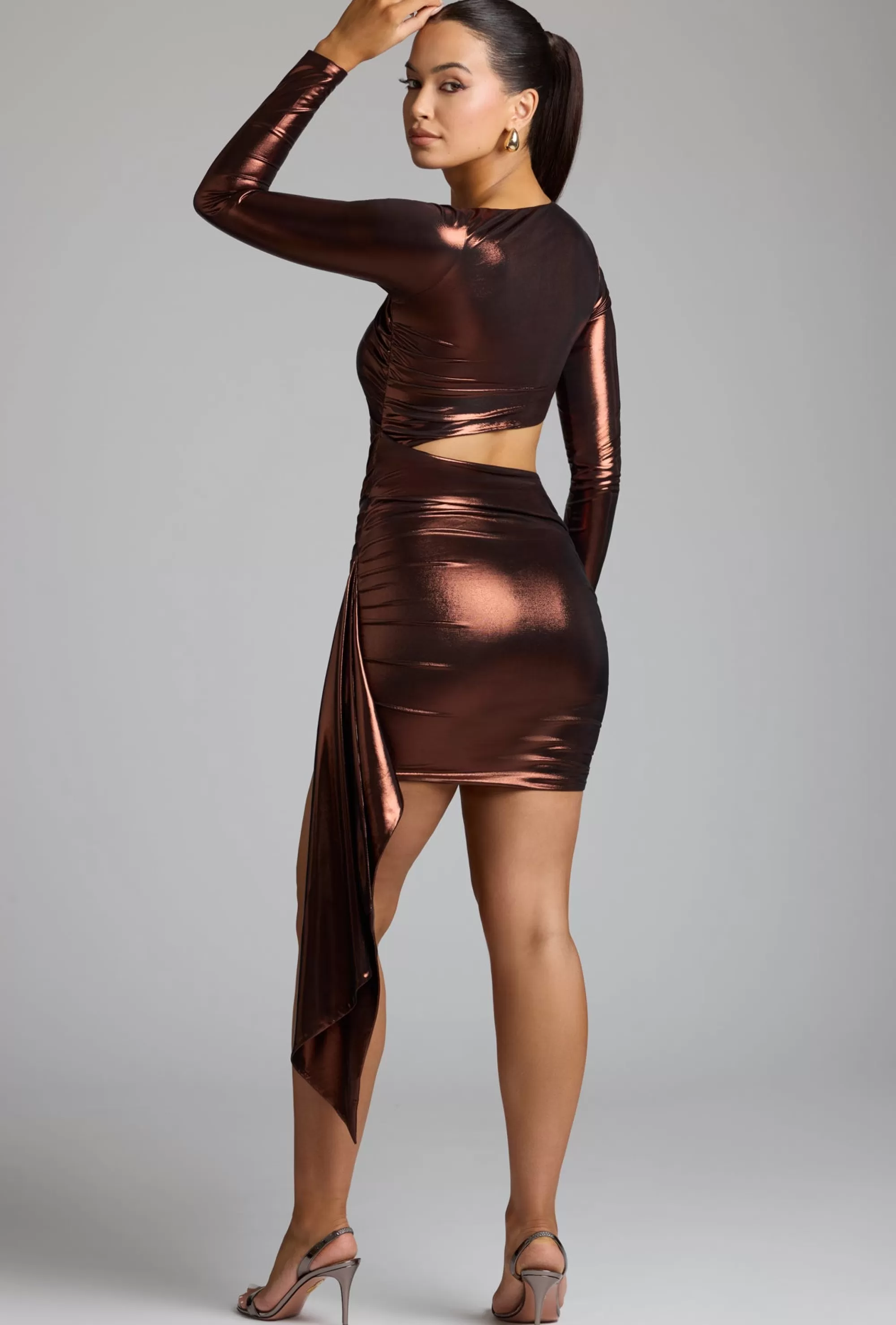 Oh Polly Cut Out Metallic Jersey Mini Dress in Copper Bronze CopperBronze Cheap