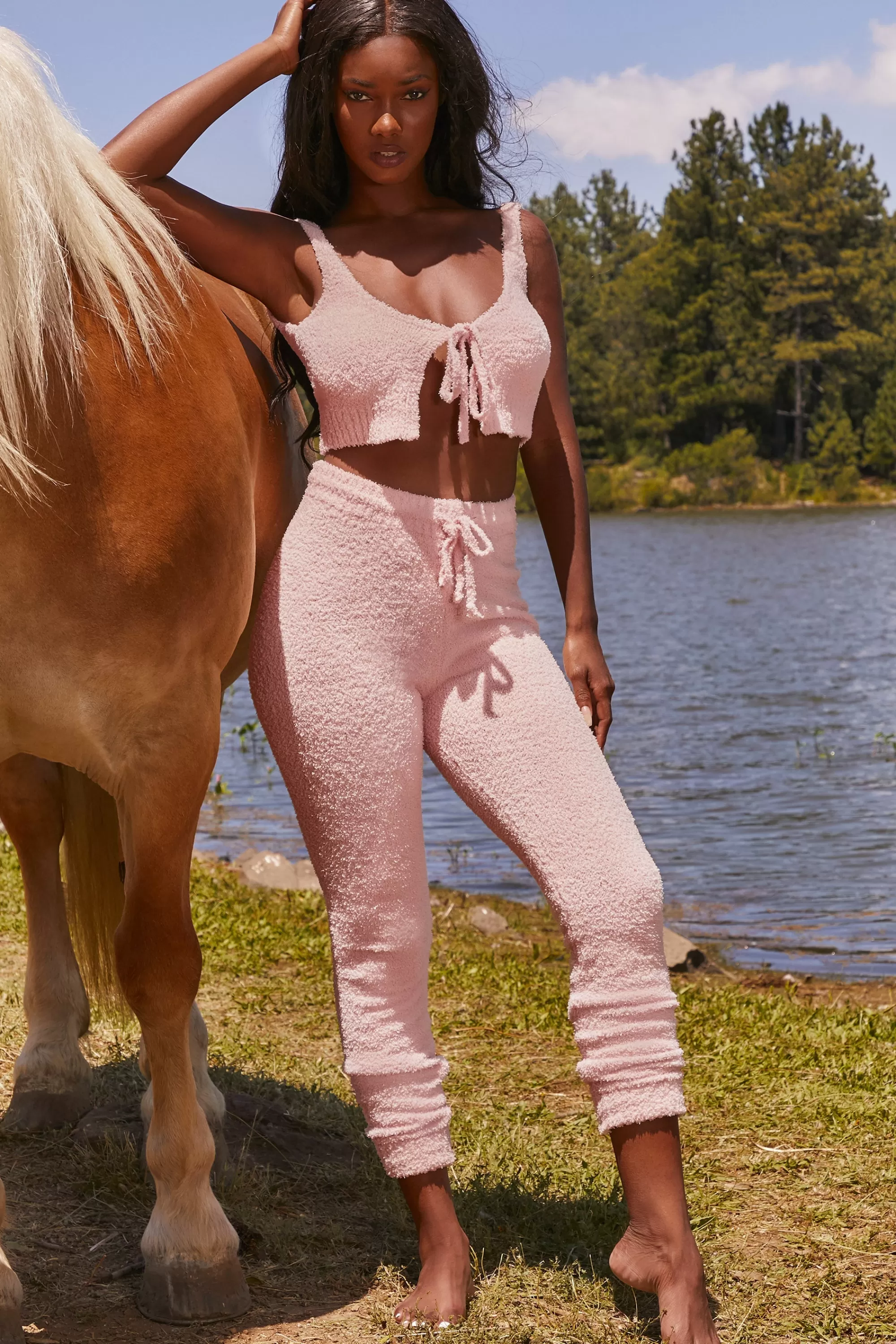 Oh Polly Cute Doing Nothing Cosy Tie Front Crop Top in Pink Sale