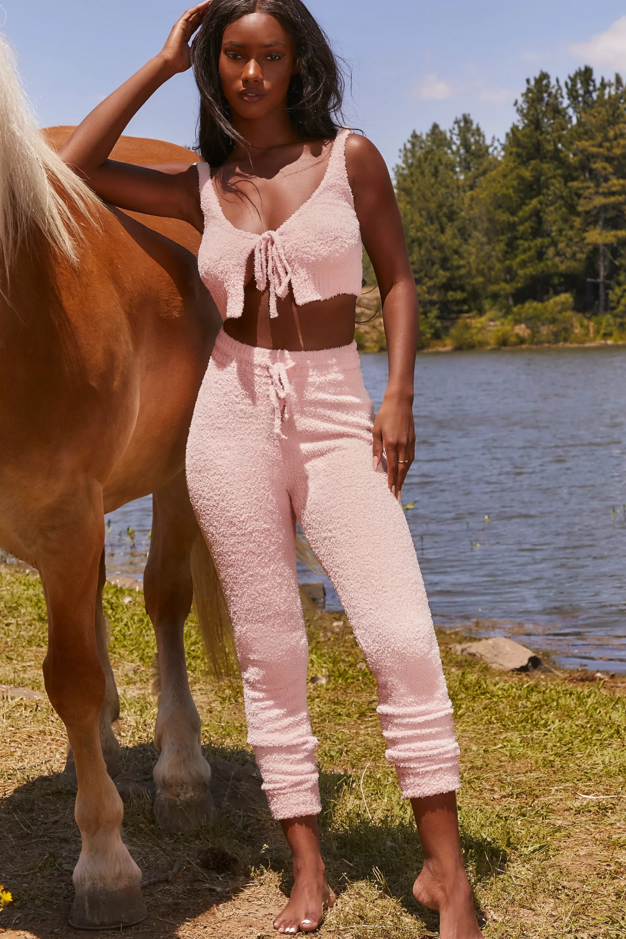 Oh Polly Cute Doing Nothing Cosy Tie Front Crop Top in Pink Sale