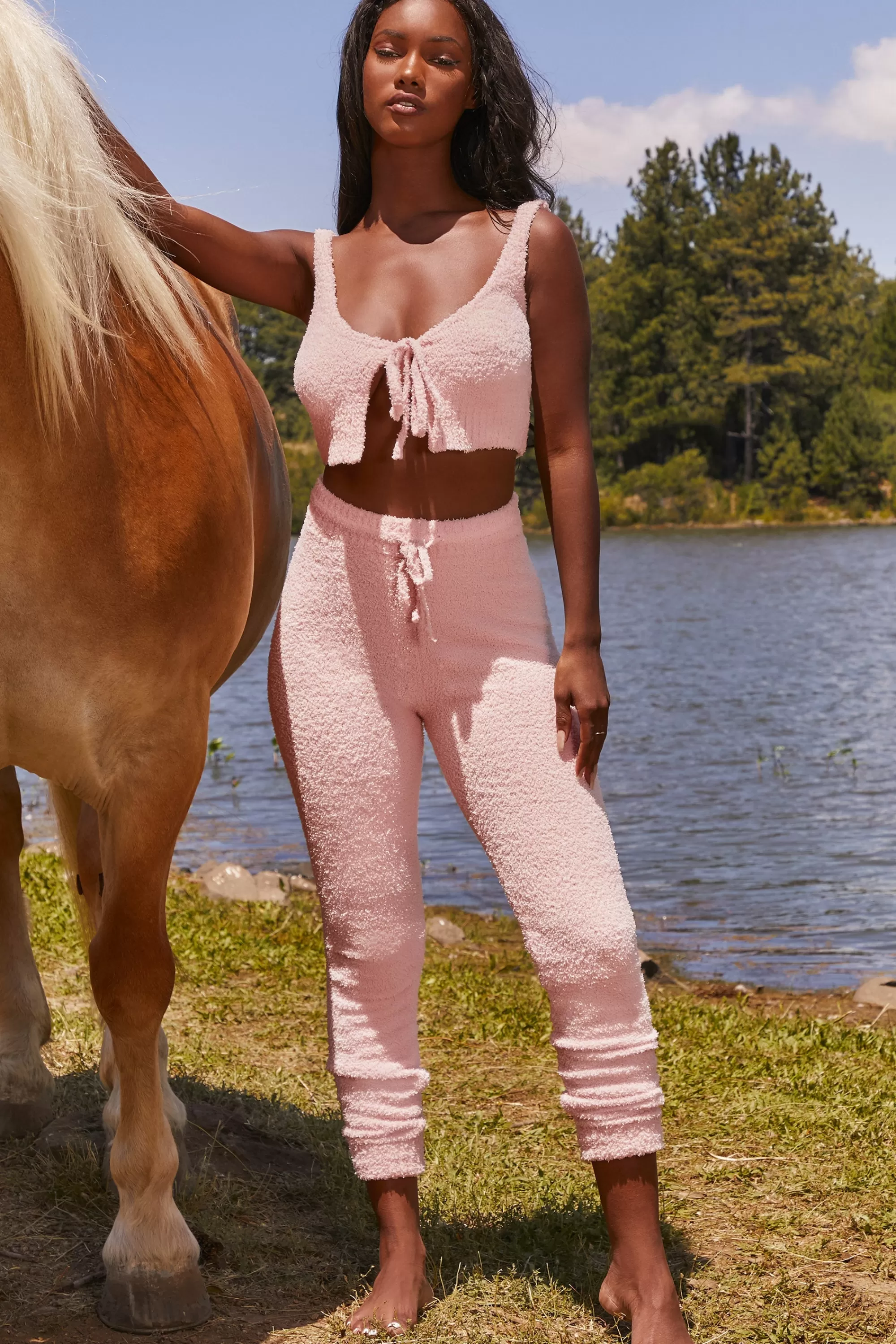Oh Polly Cute Doing Nothing Cosy Tie Front Crop Top in Pink Sale