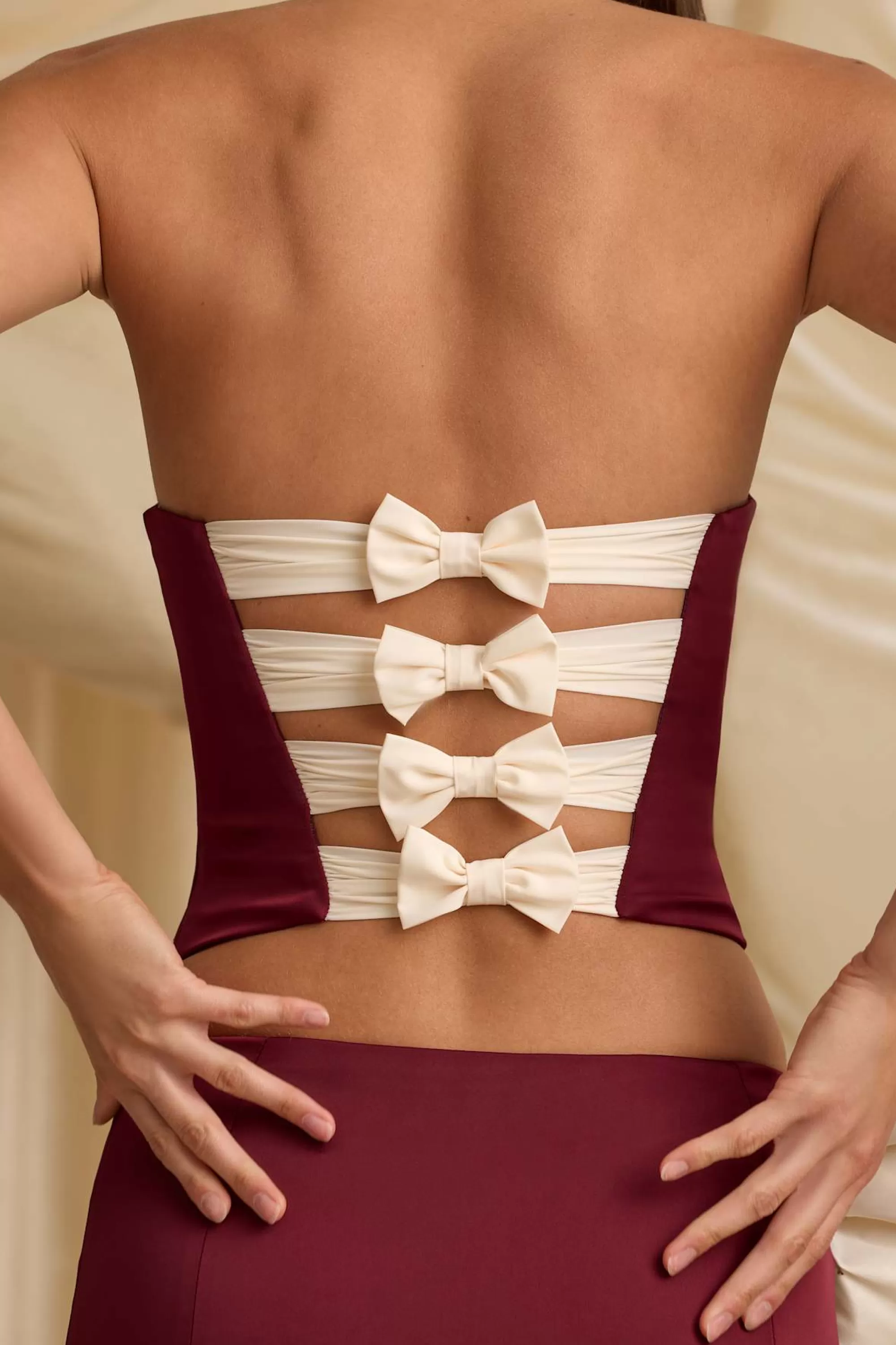Oh Polly Cut-Out Bow-Detail Corset Top in Wine Red WineRed Fashion