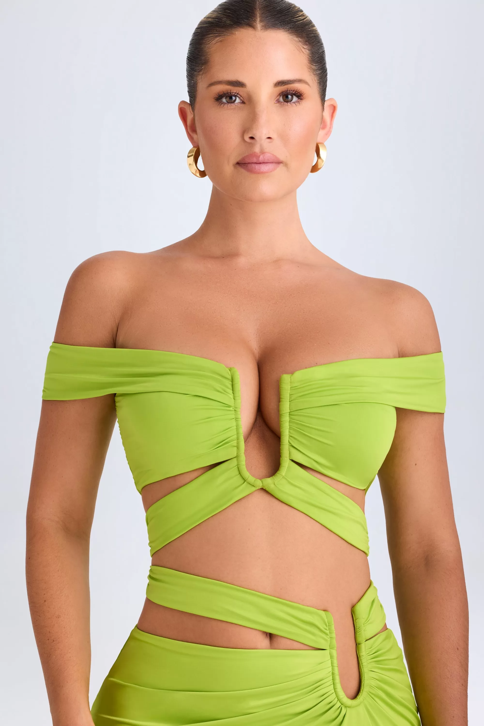 Oh Polly Cut-Out Off-Shoulder Crop Top in Lime Green LimeGreen Flash Sale